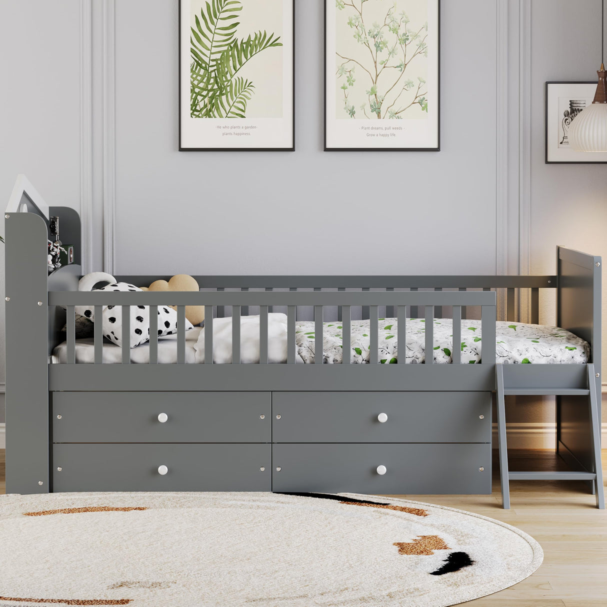 Merax Farmhouse Wood Captain Platform Bed with Storage Headboard, Twin House Bed Frame with 4 Drawers & Ladders/Space Saving/Wood Slat Support/Twin, Gray Merax