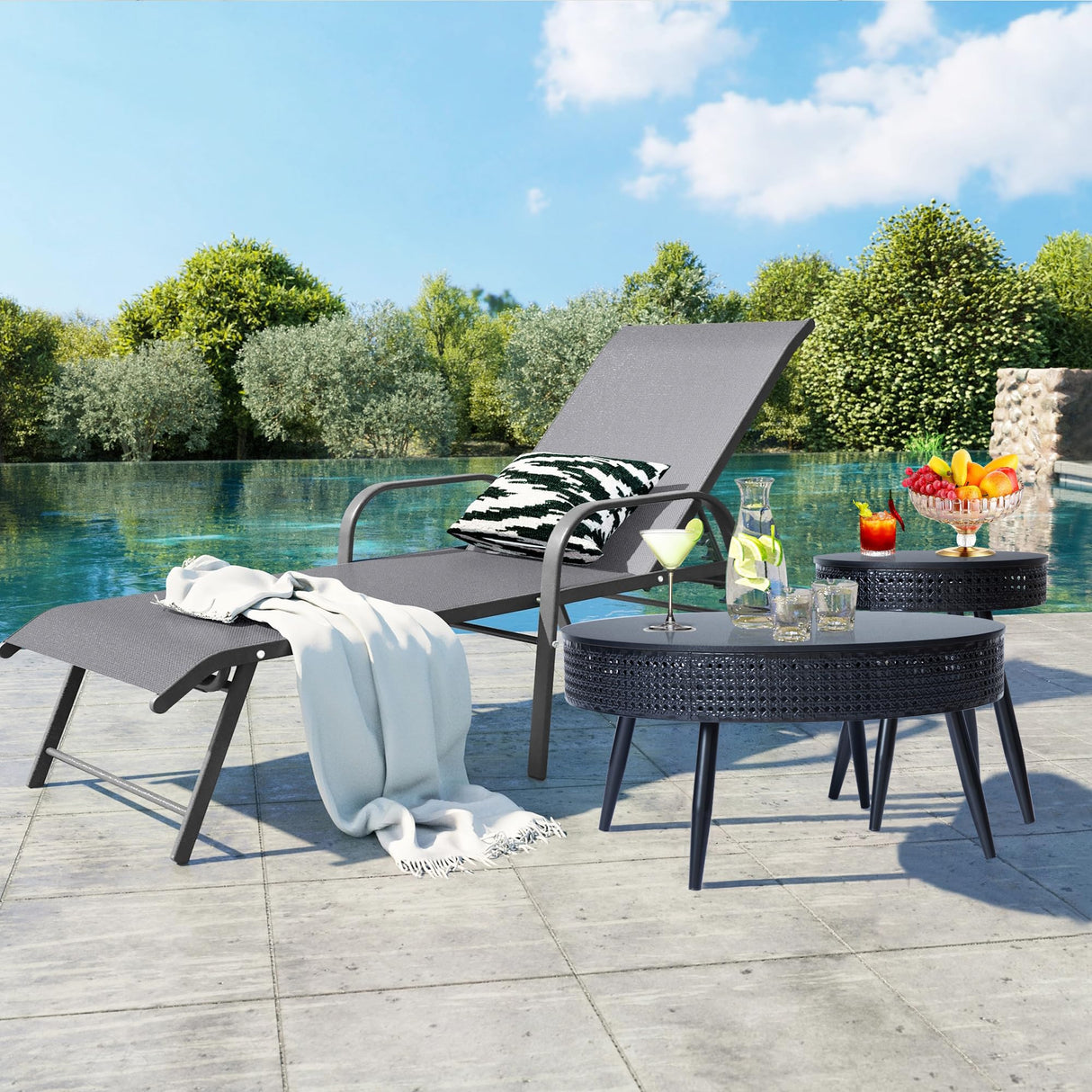 Modern Farmhouse Round End Table Set of 2,Iron Rattan Coffee Table with Hidden Storage Basket,29.1” Nesting Side Table for Living Room,Balcony,Patio,Swimming Pool (Black) FurSch