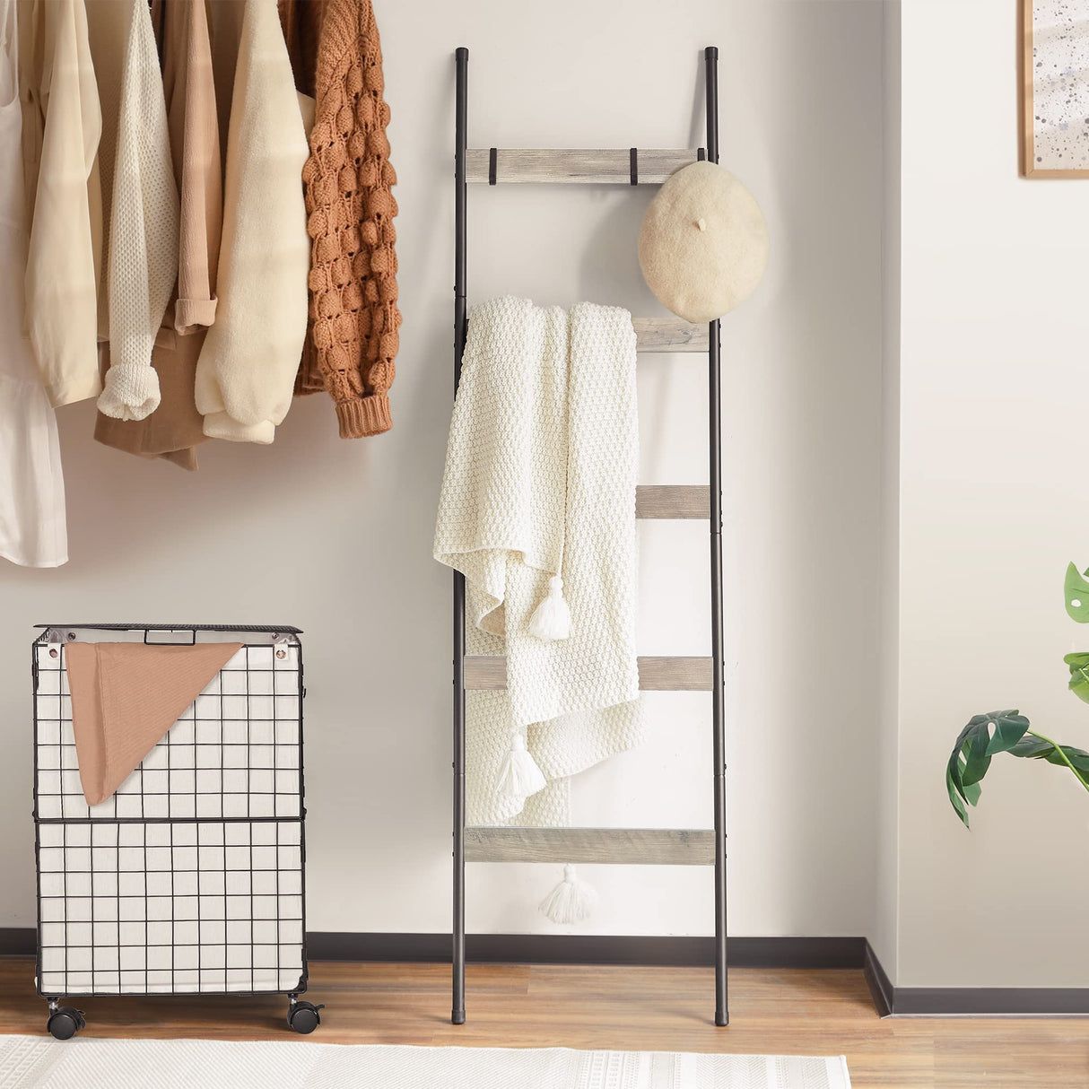 ELYKEN Blanket Ladder for Living Room, Farmhouse 5 -Tier Quilt Holder with 4 Removable Hooks for Bathroom, Wood Towel Rack Display, Wall Anchor Leaning Decorative Stand for Home Decor, White Oak ELYKEN