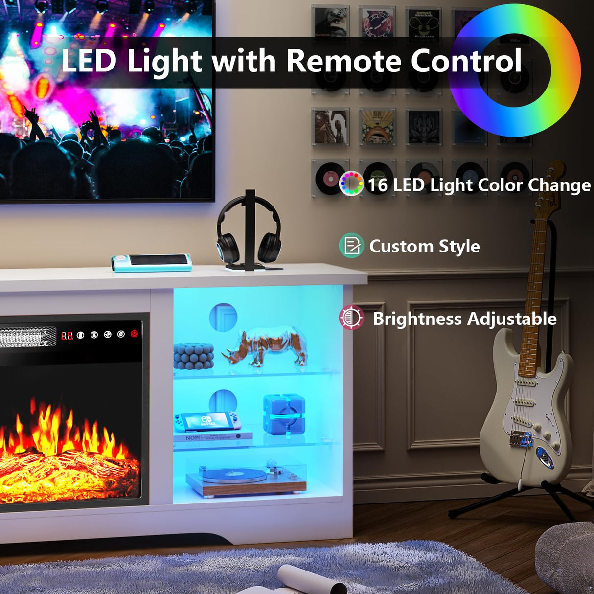 TAVATA Fireplace TV Stand with 18''Fireplace, Modern Entertainment Center for TVs up to 65 inch, Media TV Console with Adjustable Glass Shelves and Storage Cabinets(White) TAVATA