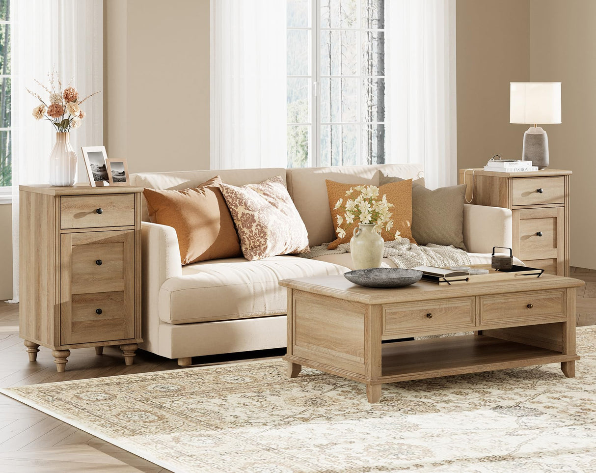 WAMPAT Nightstands with Charging Station, Set of 2 End Table with Power Outlets & USB Ports for Living Room, Modern Side Table with Drawer and Storage Cabinet for Bedroom, Oak WAMPAT