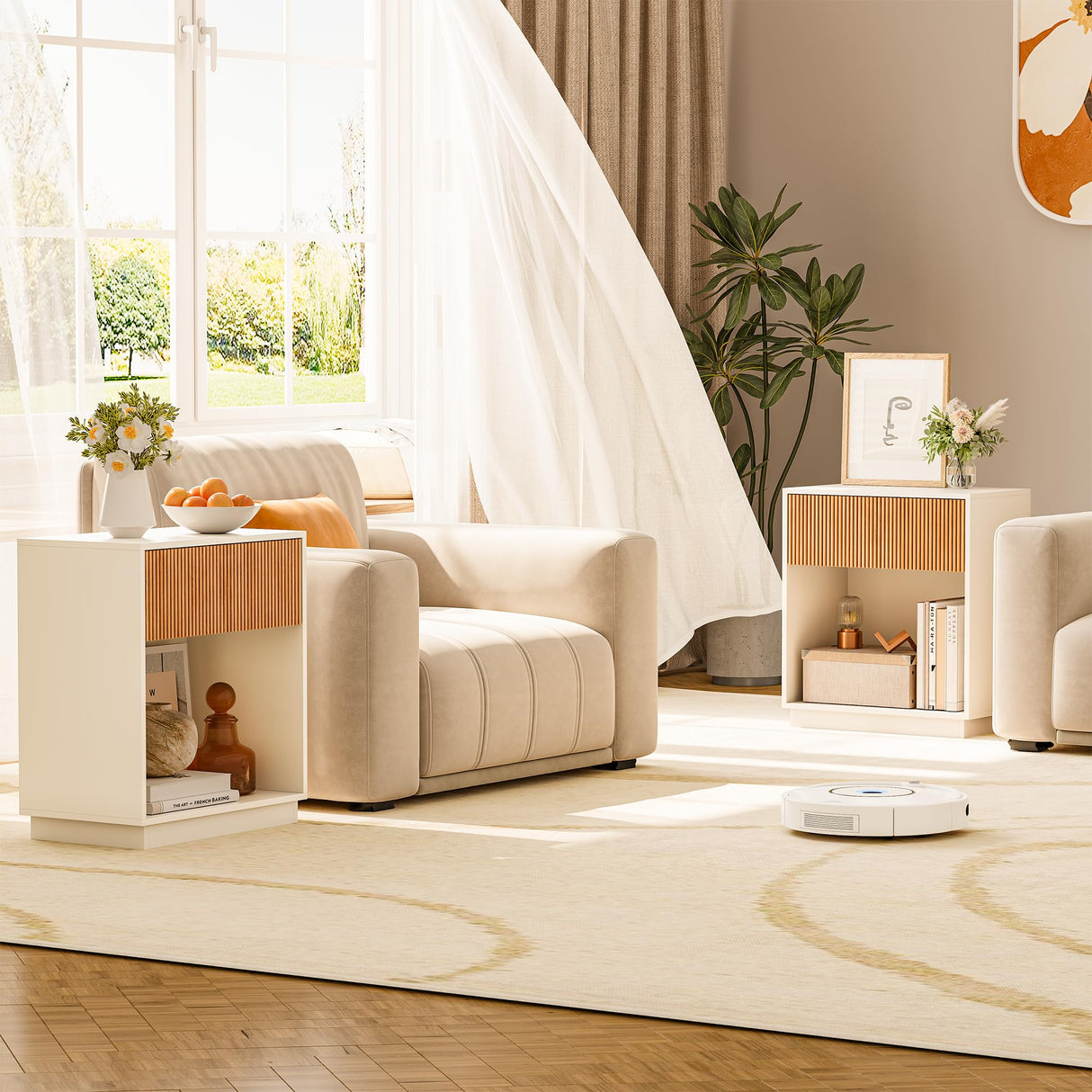 Fluted Nightstands Set of 2, Modern Bedside Table with Drawer and Storage Shelf, Wood End Table Mid Century Night Stands for Bedroom Living Room Sofa Couch Office (White+Oak) INNOD