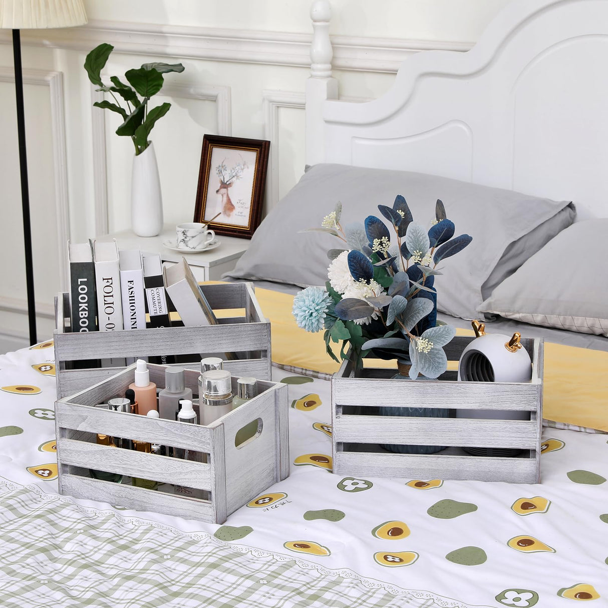 LKMANY Decorative Wood Crates Nesting Crates Storage Container,Rustic Wooden Crates for Storage, Display, Decor, Boxes-Nature Rustic White Set of 3 LKMANY