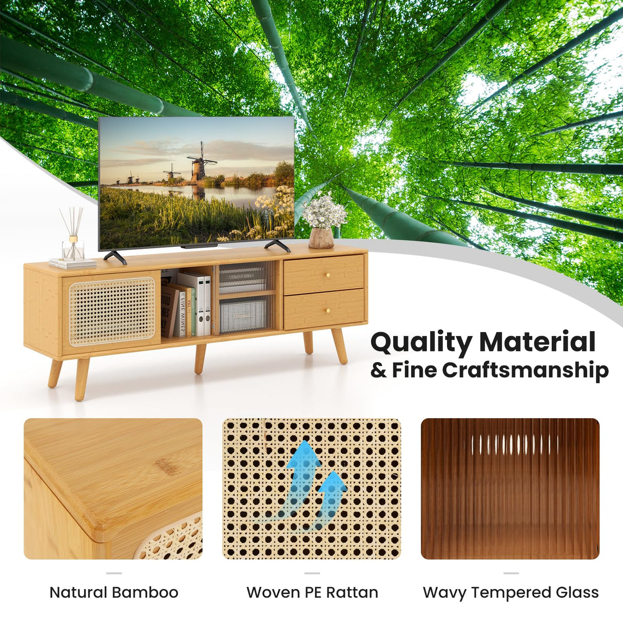 Giantex Bamboo TV Stand for 55 60 65 Inch TV, PE Rattan Entertainment Center with Sliding Doors, Drawers, Open Shelves, 5 Solid Wood Legs, 2 Cable Holes, TV Console Table for Living Room, Bedroom Giantex