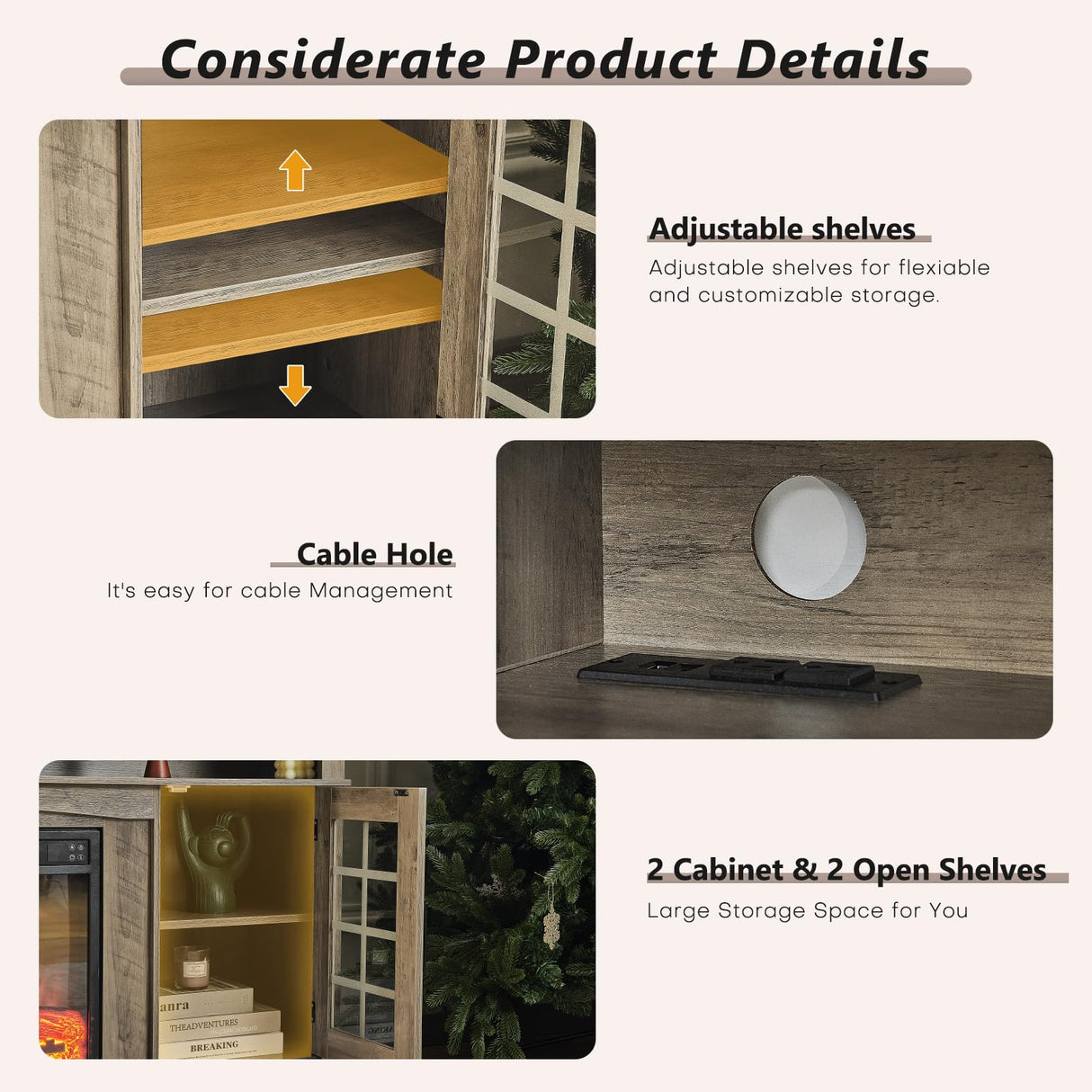 Redlife TV Stand with Fireplace for 65 Inch TV, Fireplace TV Stand, Farmhouse Entertainment Center with Fireplace, Media Console with Fireplace, TV Cabinet with Charging for Living Room (Brown) Redlifeᅟᅠ