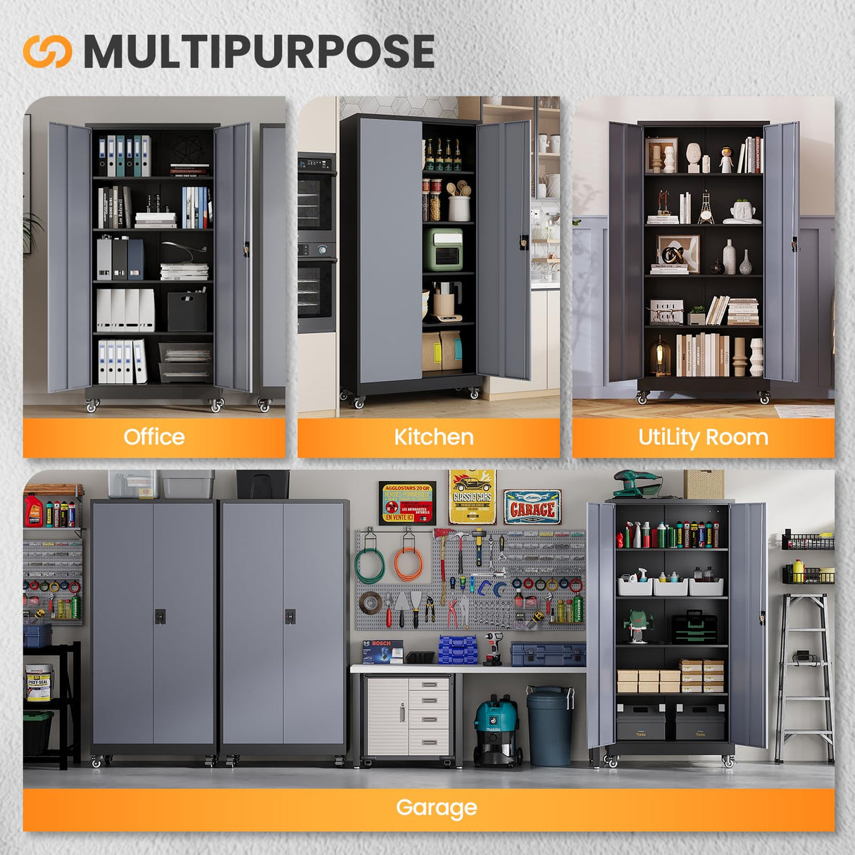 AFAIF Metal Garage Cabinets with Wheels, Heavy Duty Rolling Storage Cabinet with Lock, Storage Caninet with 2 Doors and 4 Shelves, Tall Tool Cabnet on Wheels for Workshop/Home/Office-(Black Gray 75”H) AFAIF