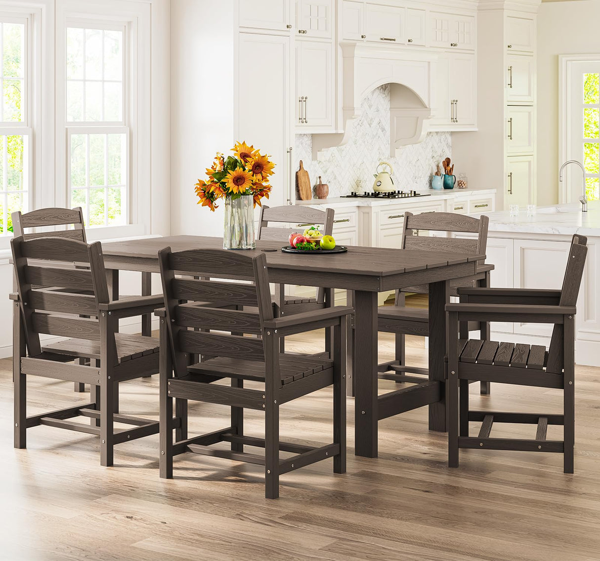 SERWALL Dining Table Chairs Set for 6,67" Extended Large Dining Table with 6 Chairs, 7 Piece HDPE Dining Set for Home, Kitchen, Dining Room, Coffee SERWALL