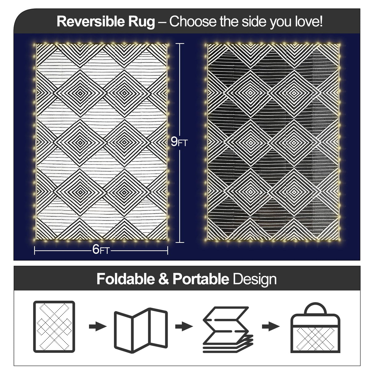 6x9ft Waterproof Outdoor Rug with LED Lights, Foldable Reversible Plastic Straw Mat for Patio RV Camping Picnic Balcony Beach Deck Indoor Outdoor Carpet, Black&White DiiKoo