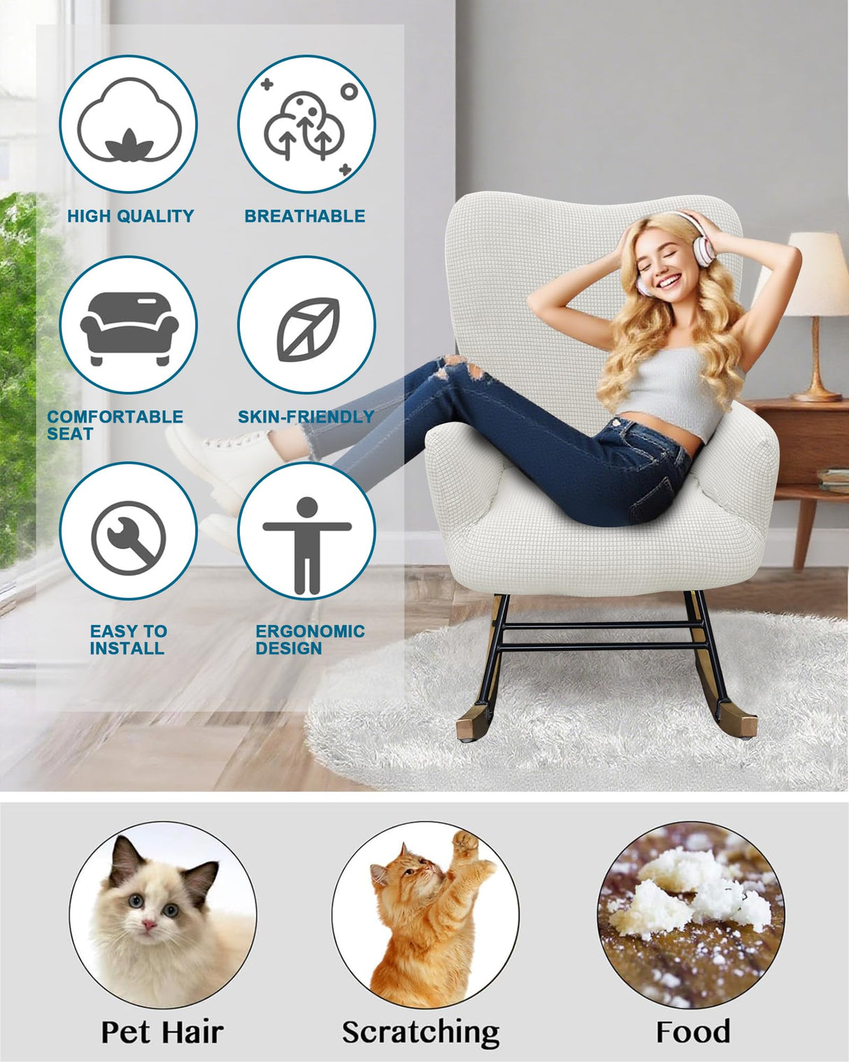 CRFATOP Jacquard 1 PC Nursery Rocking Chair Recliner Covers Upholstered Glider Rocker Banquet Armchair Slipcover Stretch Accent Chairs Furniture Protector for Living Room Bedroom Offices,White CRFATOP