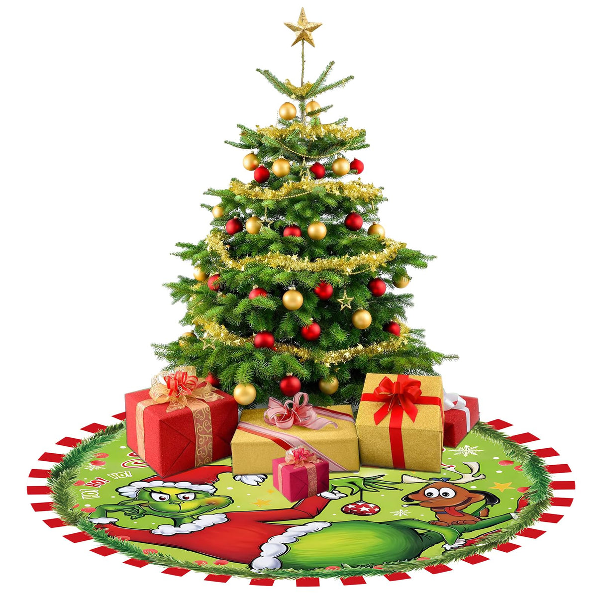 48 Inch Christmas Tree Skirt - Soft and Funny Farmhouse Christmas Tree Collar with Red & Green Trim Decor Xmas Holiday Decoration (Style A) Bpwasxda