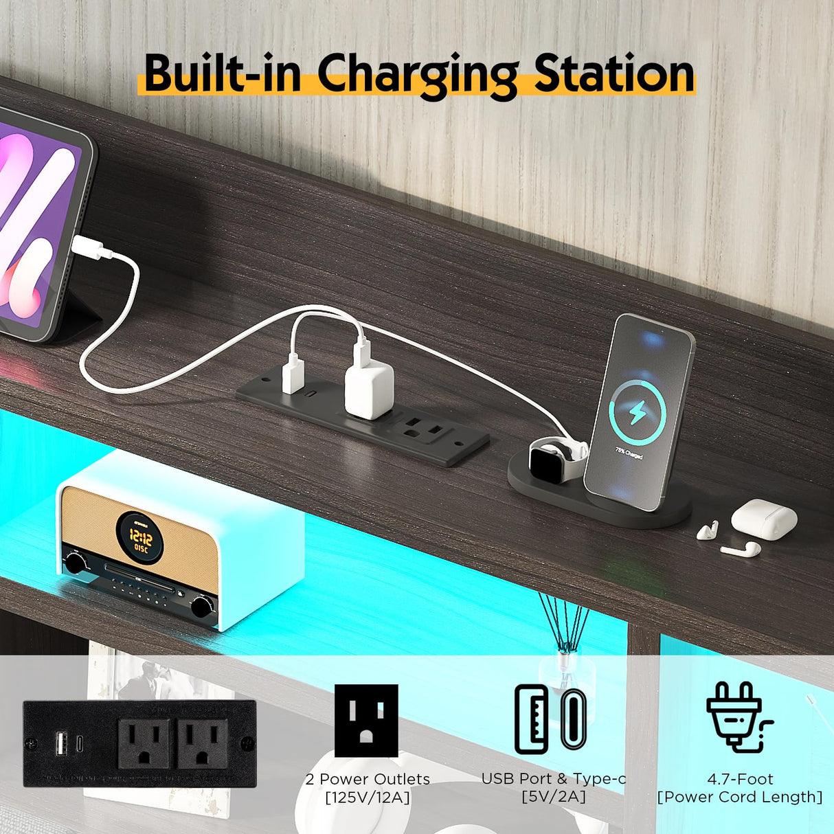 LUXOAK Full Farmhouse Bed Frame with Bookcase Headboard and 4 Drawers, LED Storage Bed with Charging Station & Linen Upholstered, No Box Spring Needed, Black LUXOAK