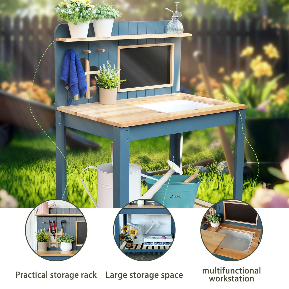 GROWRKS Potting Bench Outdoor Potting Table—All-Weather Kids Solid Wood Garden Work Station with Sink、Drawing Board、Shelves, Weather Proof(Blue, Large) GROWRKS