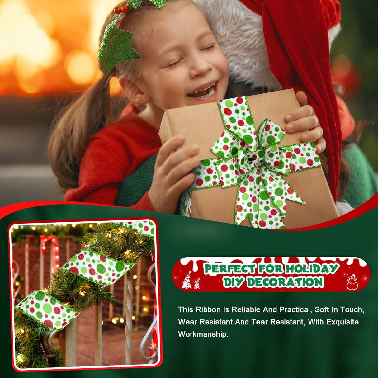 Hanaive 20 Yards Christmas Polka Dot Ribbon Xmas Wired Ribbon Christmas Tree Ribbons Decoration Green Red Polka Dot Printed Christmas Ribbons DIY Decorative for Wreaths Gifts Wrapping (1.5 Inch) Hanaive