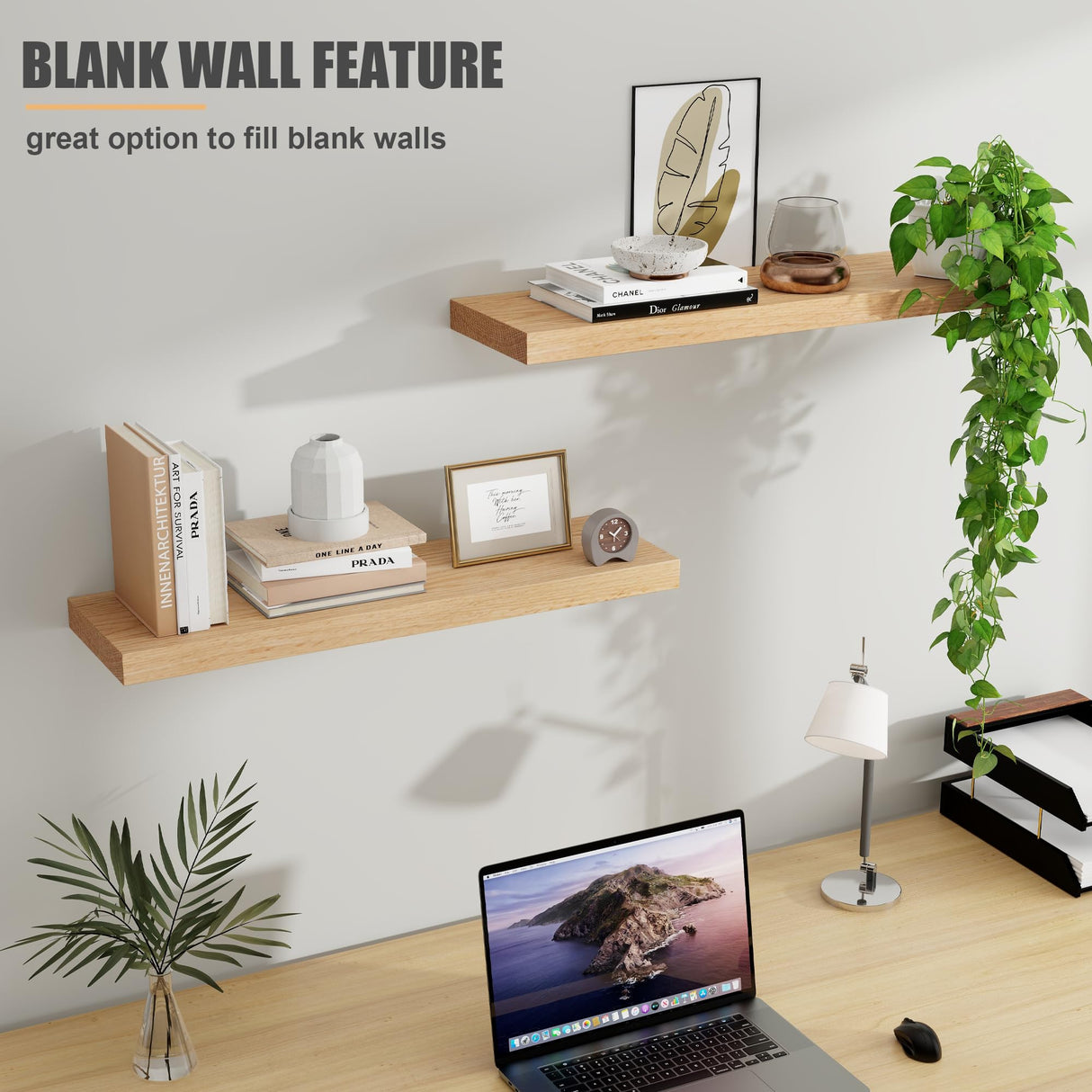 Solid Oak Floating Shelves - Set of 2, 24" Wide x 8" Deep Wall Mounted Rustic Wooden Display Shelf for Bathroom Bedroom Kitchen Garage with Heavy-duty Bracket - Natural Oak Finish FLYJOE