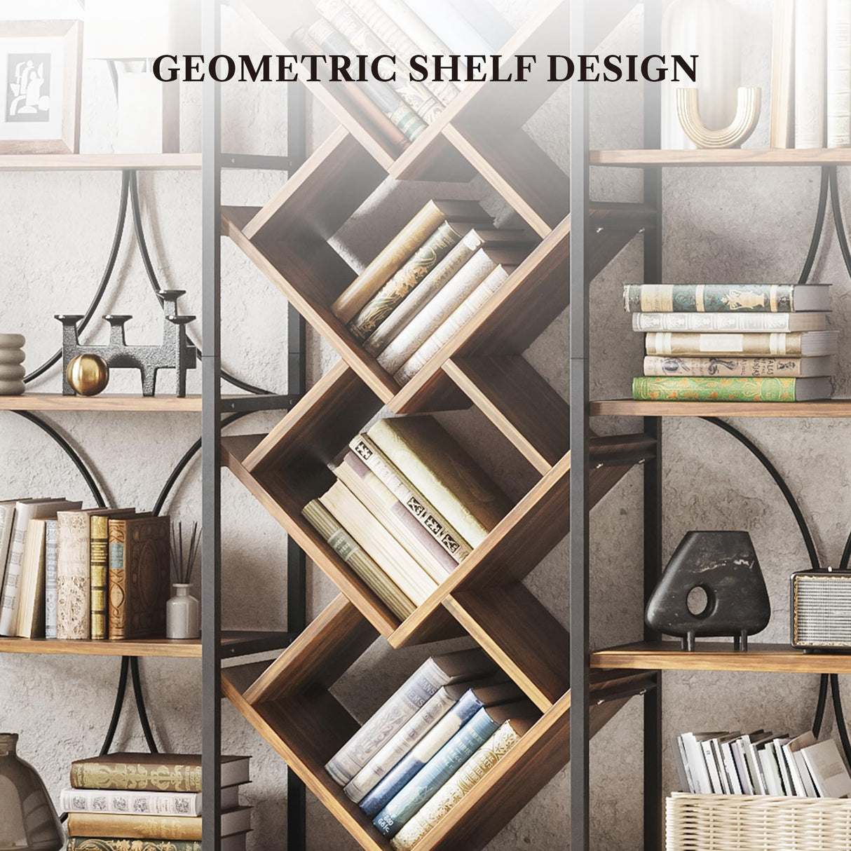 LIKEMET Triple 5 Tier Bookshelf, Bookcase with 18 Open Display Shelves, Wide Tree Bookshelf Metal Frame Tall Book Case for Living Room Home Office Rustic Brown LIKEMET