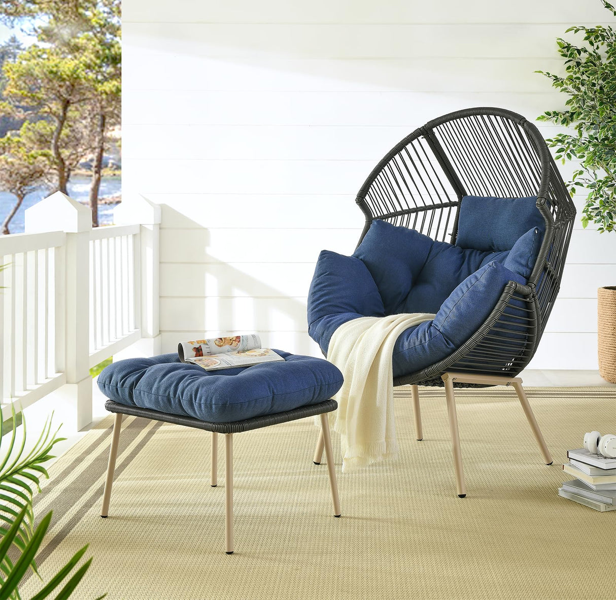 Belord Wicker Egg Chair with Ottoman - 350lbs Capaticy Outdoor Indoor Egg Shaped Basket Lounge Chair with Anti-Rust Stand Water Resistant Cushion with Ties for Patio Balcony Bedroom Living Room Blue Belord