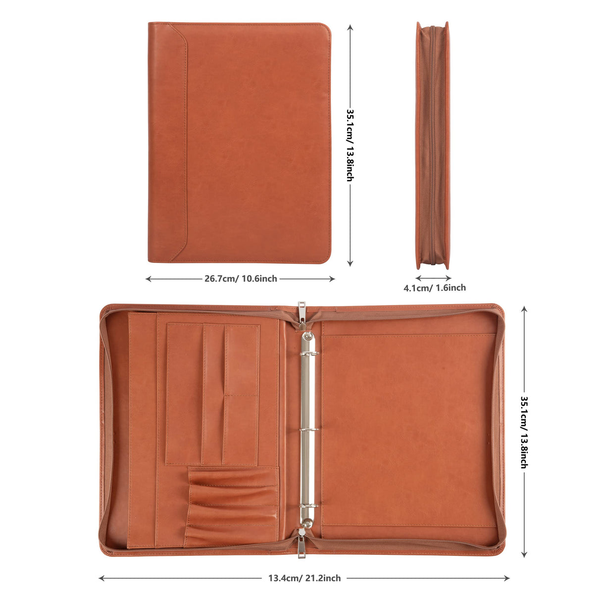 Free Engraved Name, Personalized Portfolio Binder Organizer, PU Leather Custom 3 Ring Binder Padfolio, Zipper Binder Business Document Ordner with A4 Writing Pad, Corporate Gift, Customized, Brown AZXCG