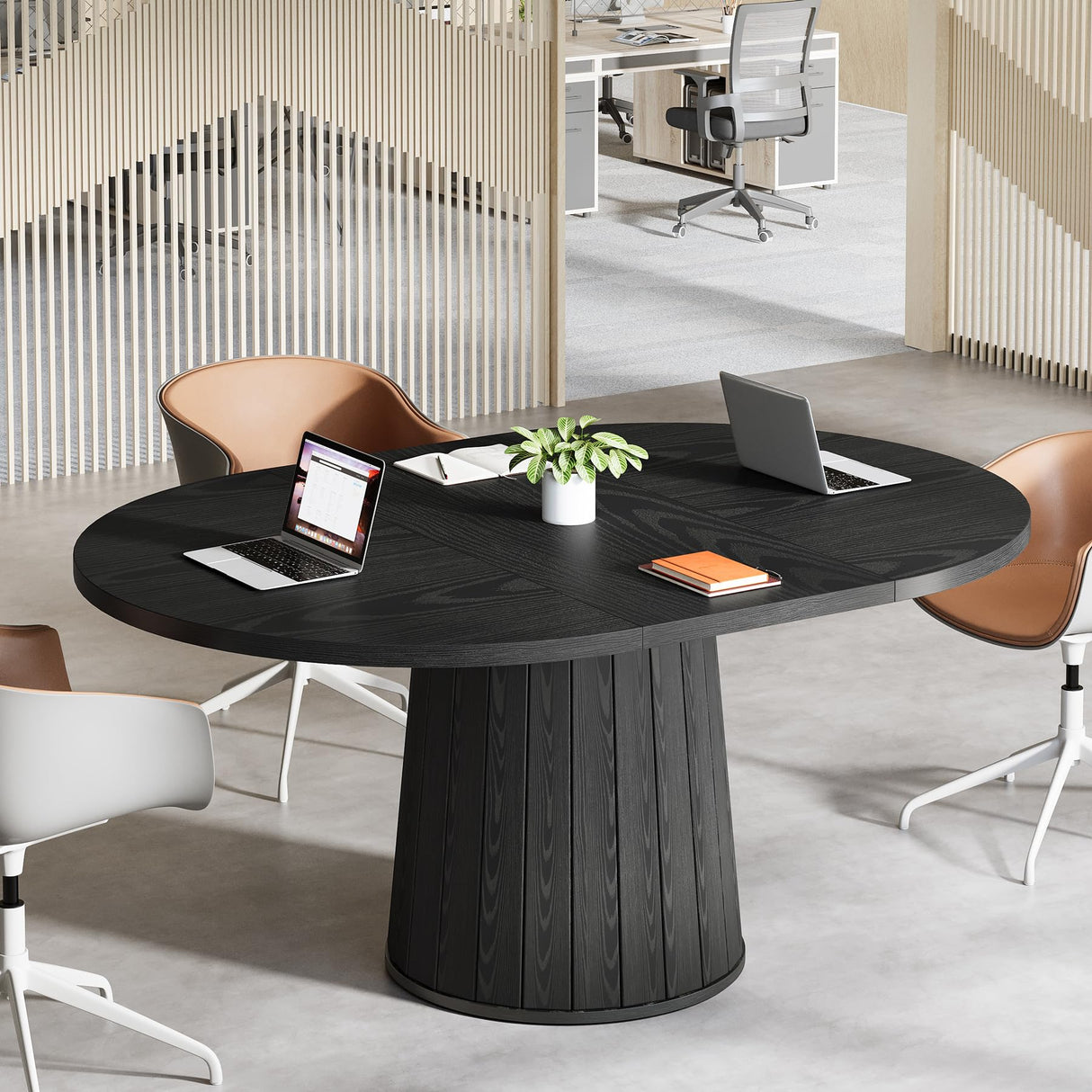 Tribesigns Oval Conference Table, 55.11 Inches Wooden Meeting Table for 6 People, Rustic Meeting Seminar Boardroom Table with Wood Base for Office Conference Room (Black) Tribesigns