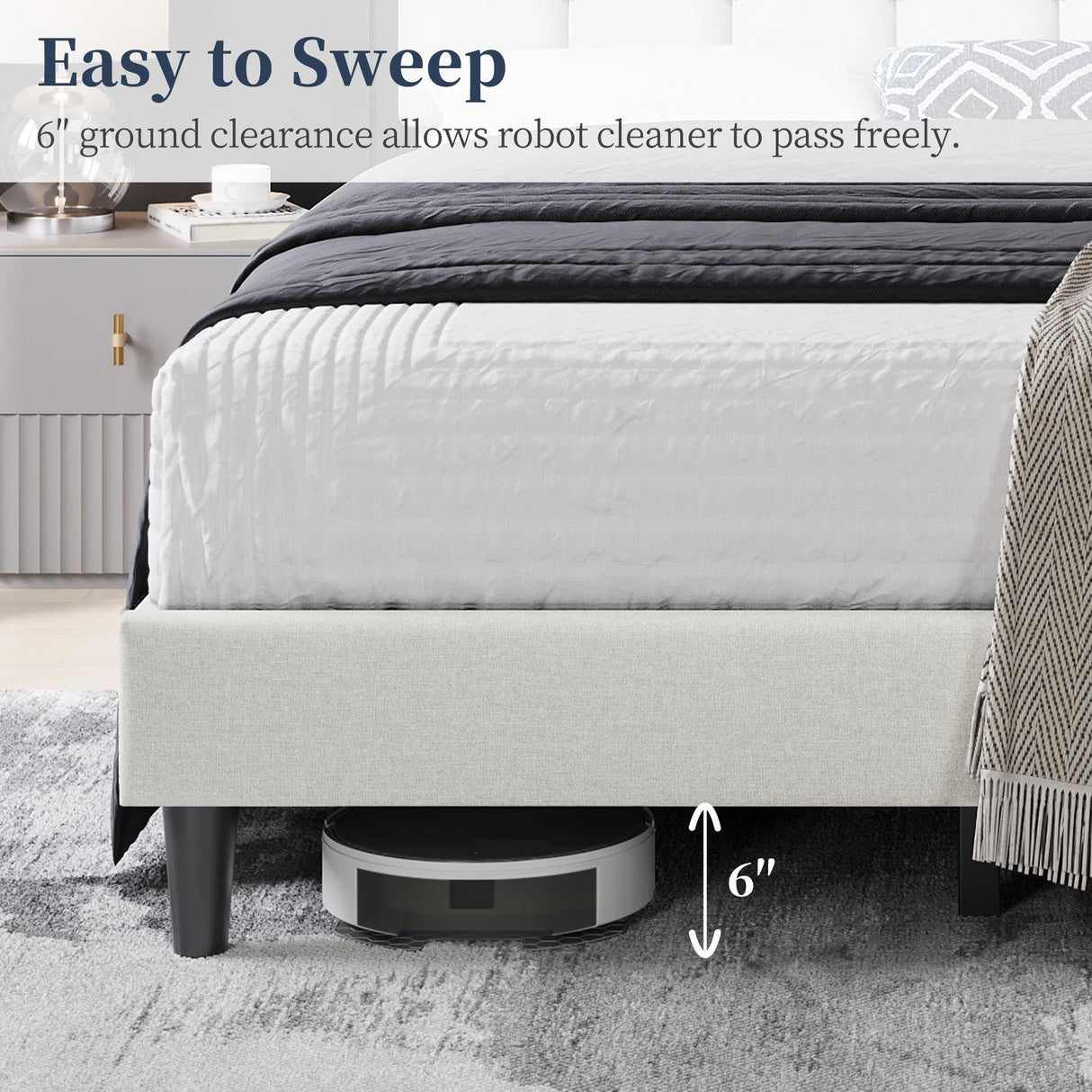 Yaheetech Upholstered Bed Frame, Modern Queen Bed Platform with Square Stitched&Button Tufting Headboard Height Adjustable, Wooden Slats Support, No Box Spring Needed, Queen Size, Beige Yaheetech