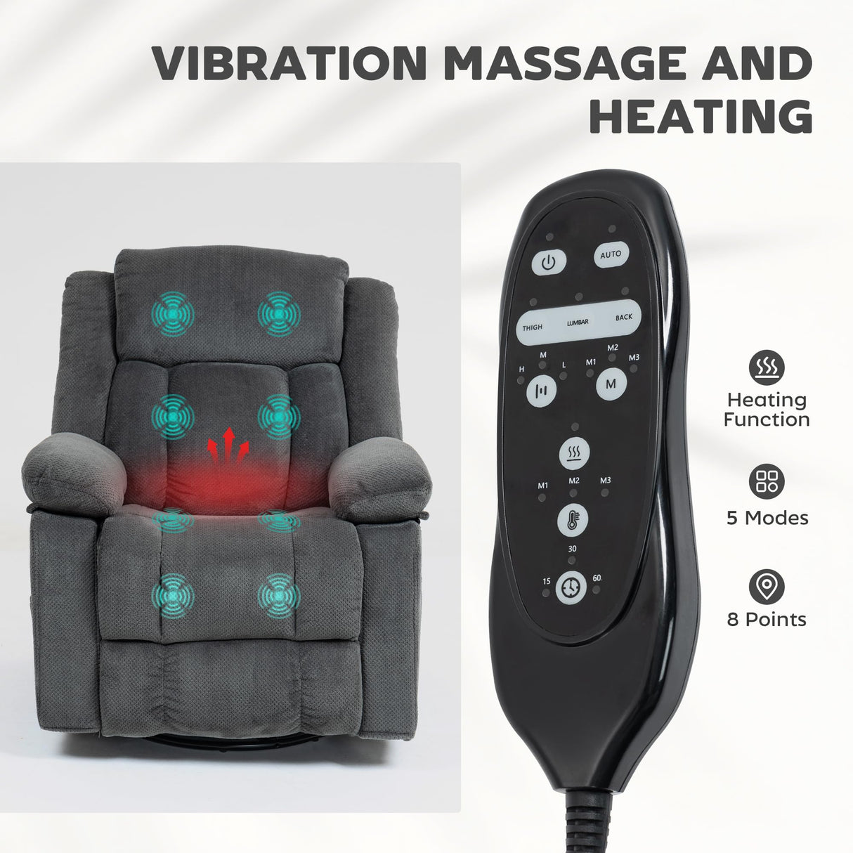 HOMCOM Recliner Chair with Vibration Massage and Heat, Oversized Swivel Rocker Single Sofa with Footrest, Remote and Side Pockets, Velvet Fabric Manual Reclining Chair for Living Room, Gray HOMCOM