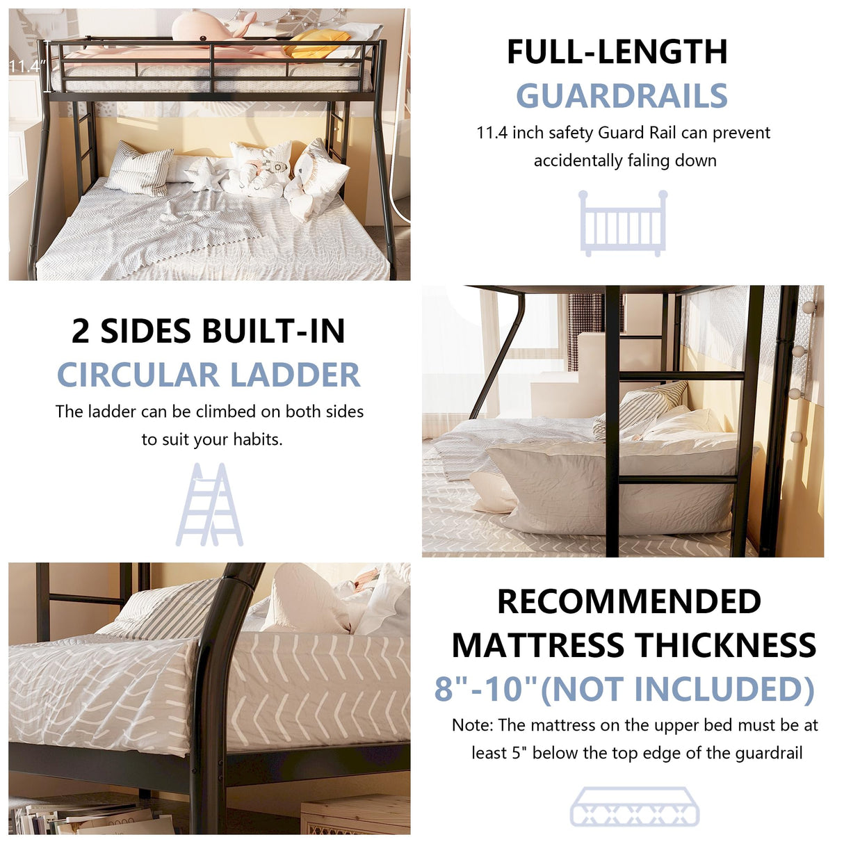 SUNLEI Bunk Bed Twin Over Full with Trundle, Twin Trundle Bed with Daybed, Metal Bunk Bed with 2 Secured Ladders, Safety Guard, Noise Free for Small Bedroom, Black (with Trundles, Twin Over Full) SUNLEI