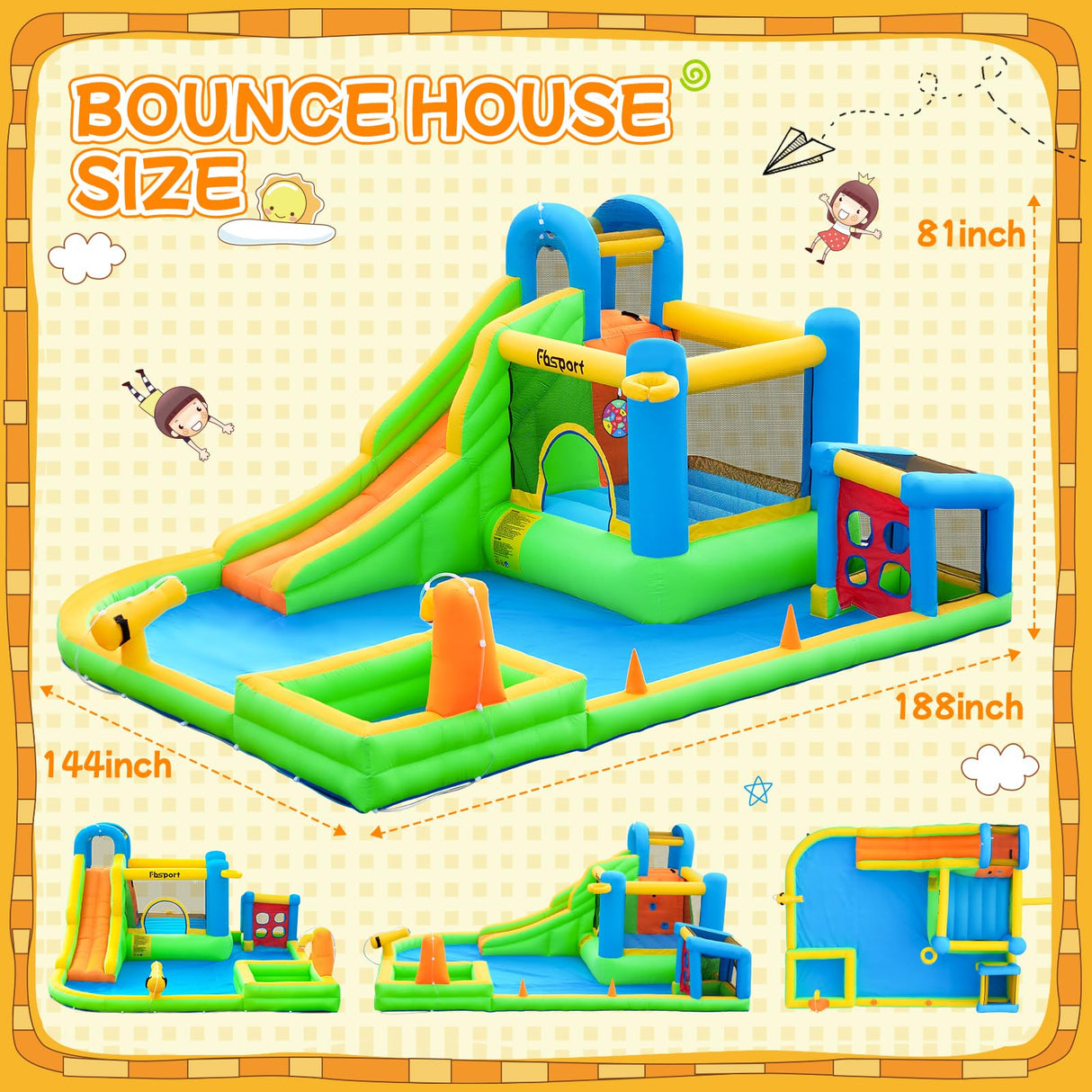 FBSPORT Inflatable Bounce House, 9 in 1 Water Slide with Blower, Bouncy House for Kids Indoor Outdoor Wet Dry Combo Water Bounce House with Football Shooting, Water Gun, Splash Pool, Bounce Area, Hose FBSPORT
