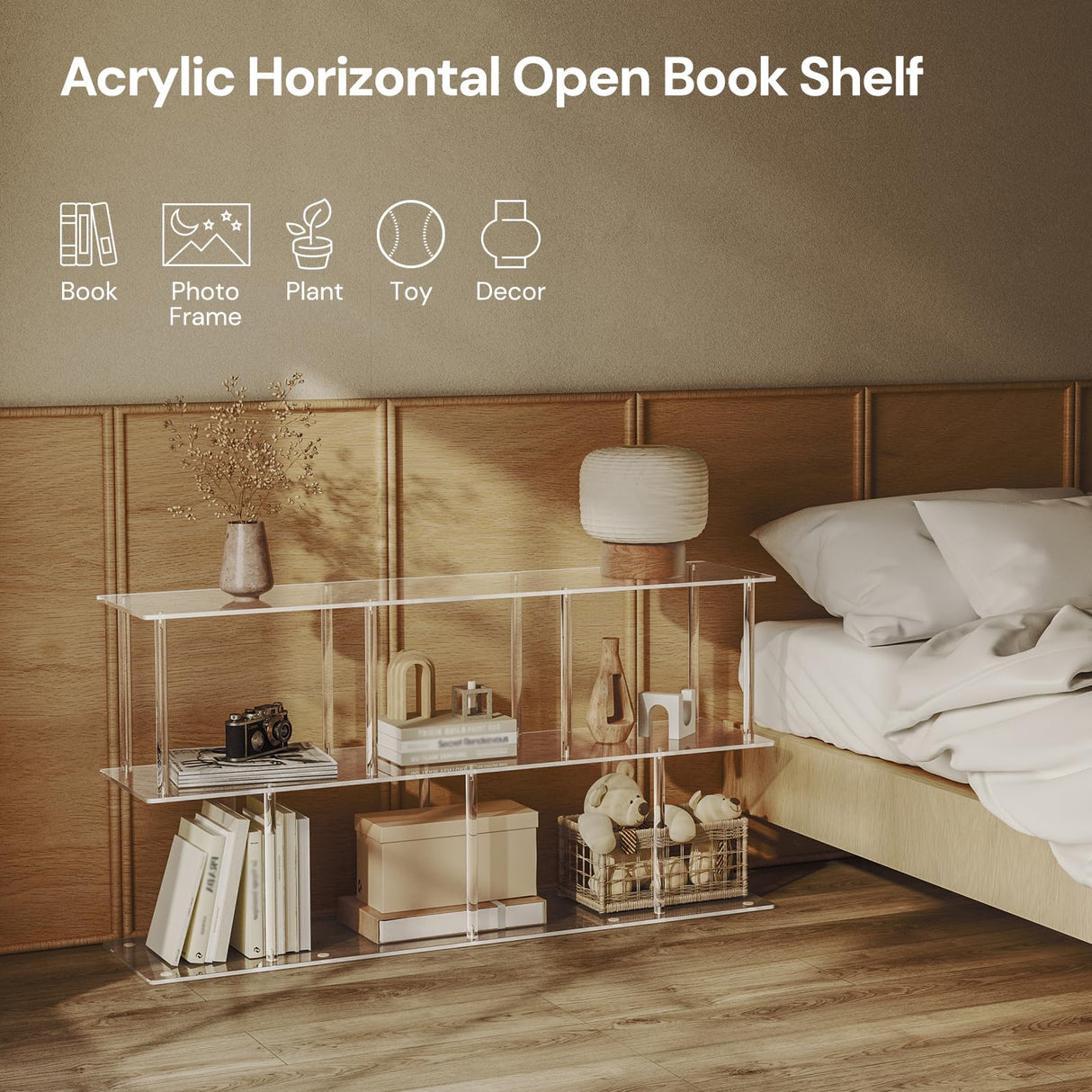 CRTERICX 3-Tier Acrylic Horizontal Bookshelf, Clear Long Bookcase, Modern Low Book Shelf with 5 Cube Storage for Living Room, Office, Bedroom, 11.8''D x 47.2''W x 24.6''H CRTERICX