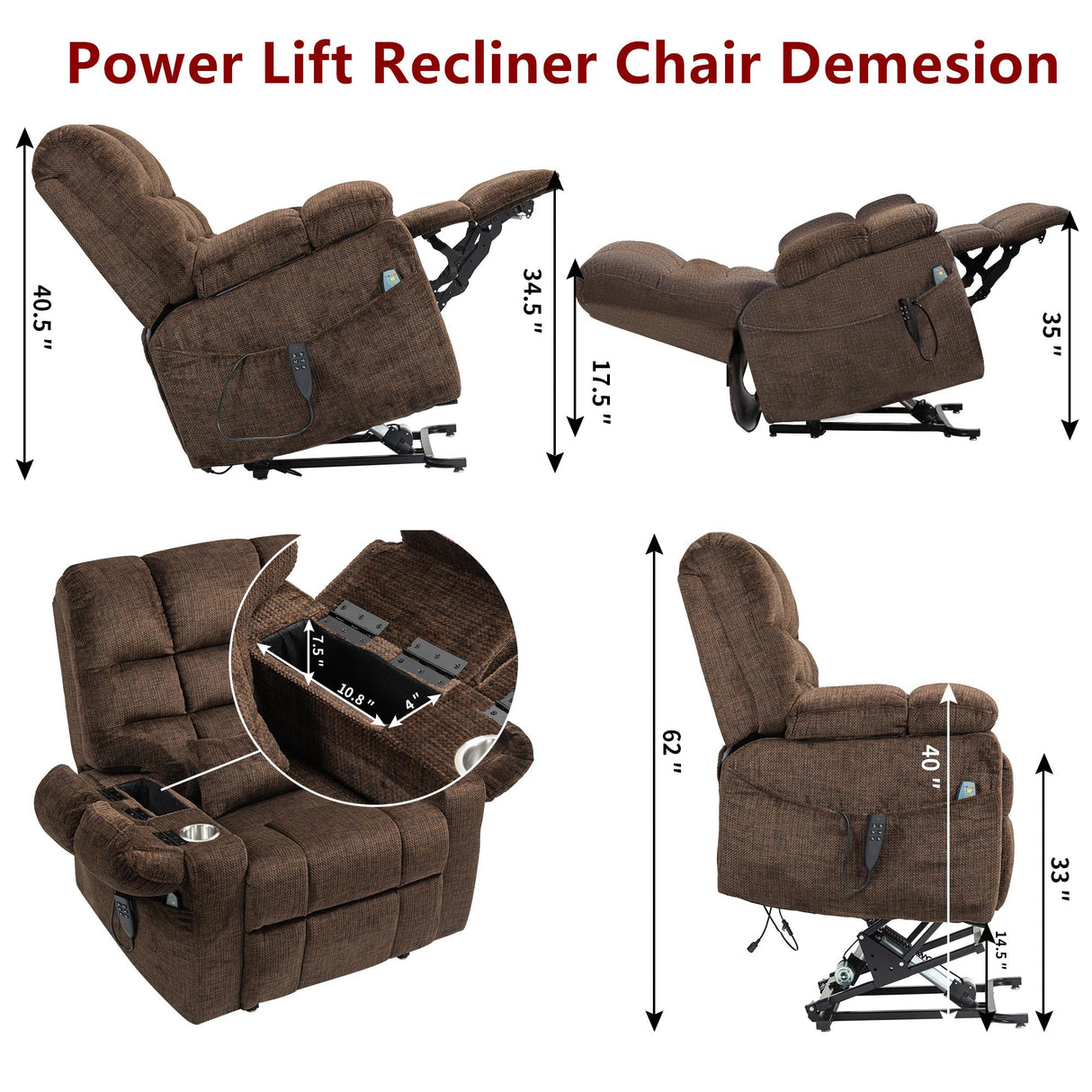 REHOUSING Oversized Power Lift Recliner Big Man 400lbs, Extra Wide Recliner Chair with Lifts Vertically for Elderly, Features Cup Holder, Heat and Massage, Zero Gravity Lay Flat for Adults (Brown) REHOUSING