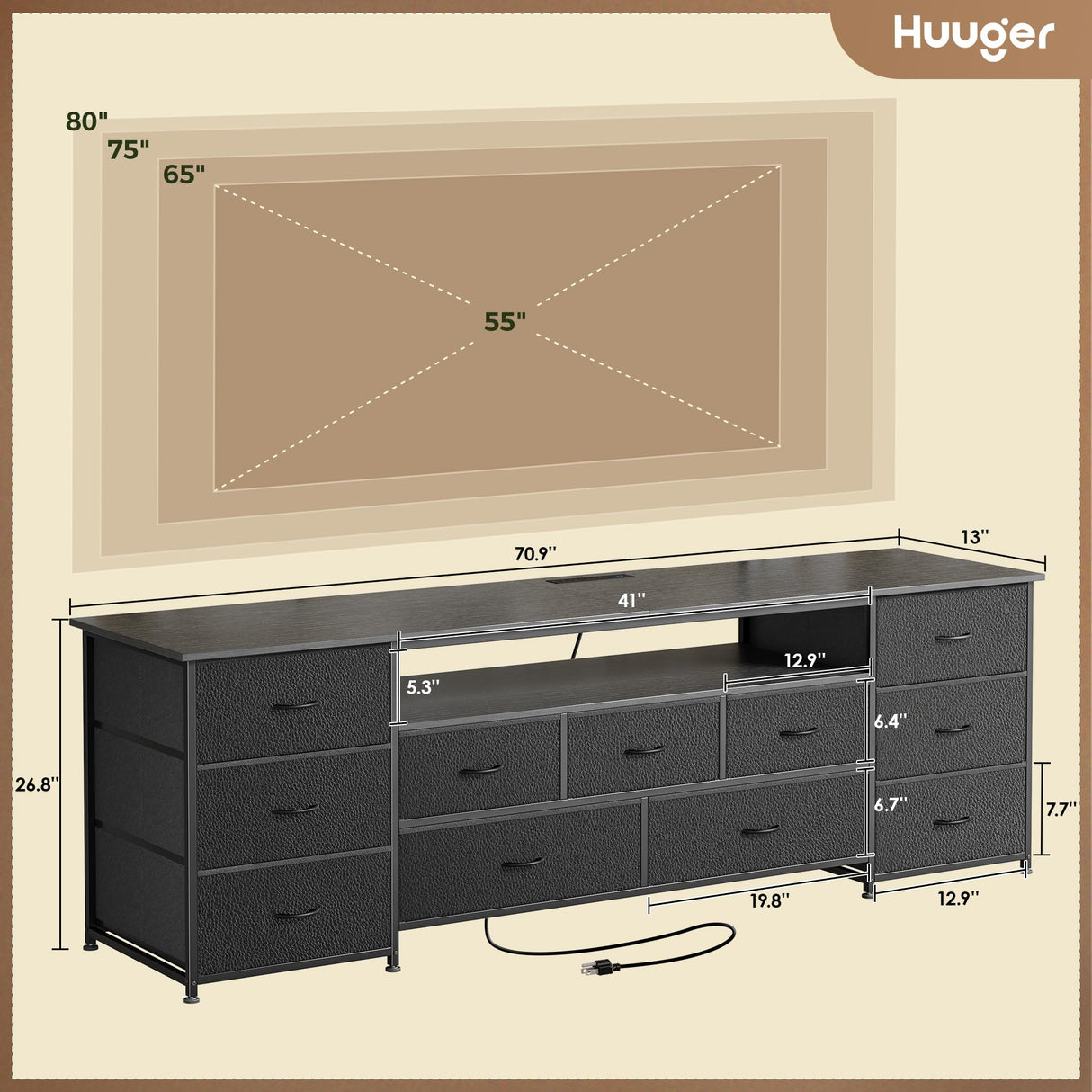 Huuger 70 Inch TV Stand for 75, 80 Inch TV, 11 Drawer Long Dresser with Power Outlets and LED Lights, Entertainment Center with Storage, Black Dresser with PU Leather Surface, 1TS011B Huuger