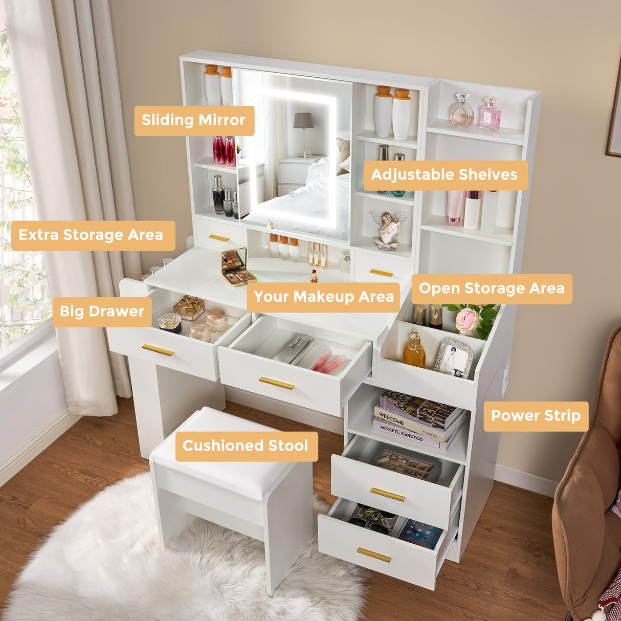 BEWISHOME White Vanity Desk with Mirror and Lights,Large Vanity with 3 Lighting Modes,Drawers,Open Storage,Makeup Vanity Set Makeup Desk Dressing Table,Big Vanity Table with Charging Station FST25W BEWISHOME