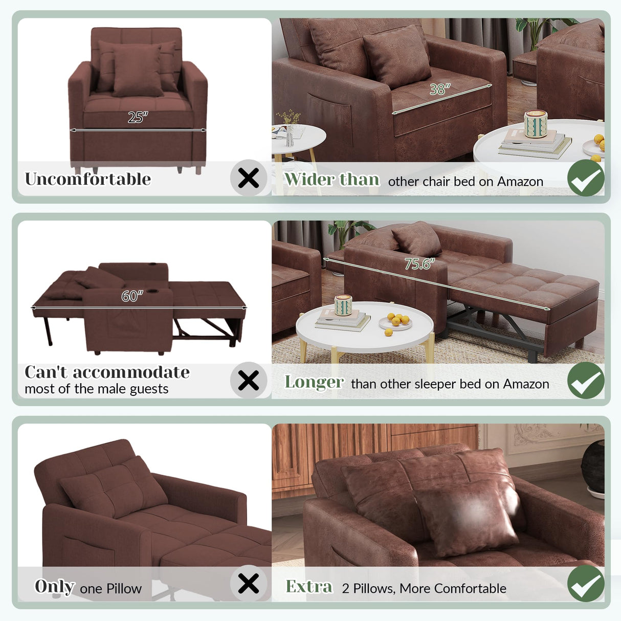 Esright Futon Chair Bed, 3-in-1 Pull-Out Sleeper Sofa Reading Chair for Adults, Convertible Sofa Chair with 3-Level Backrest for Small Space, Dorm, Living Room, Apartment, Office, Saddle Brown Esright