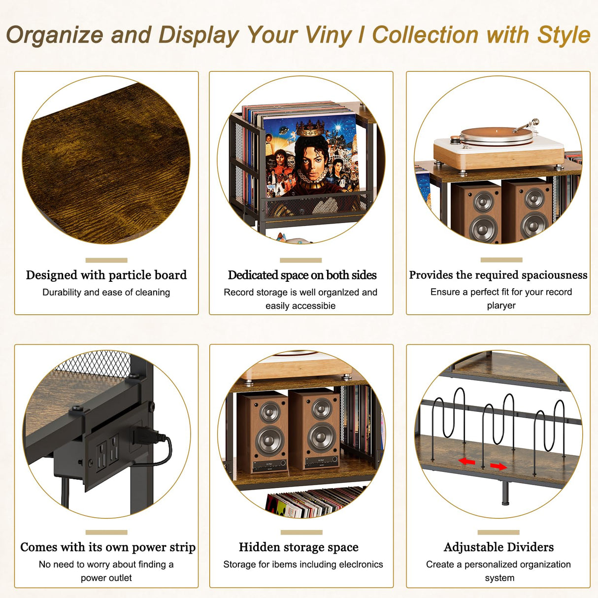 Record Player Stand with Power Outlets & LED Lights, Turntable Stand Cabinet Holds 350+ Vinyl Records, Storage Shelf with 3 Adjustable Dividers for Living Room Audio Video, Gift for Vinyl Lover Sonyabecca