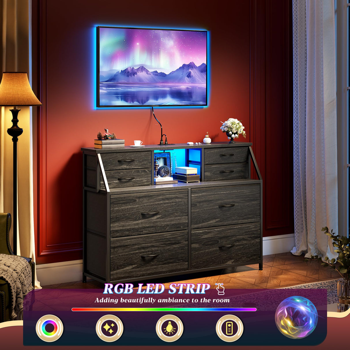 Romorgniz Dresser for Bedroom with Charging Station and LED, Sturdy Chest of Drawers with 8 Drawers and Two Open Shelves for Bedroom, Living Room,Hallway (Black) Romorgniz