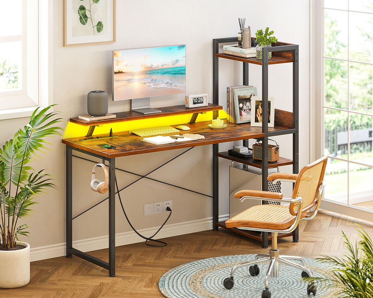 ODK Reversible Gaming Desk with Power Outlets and LED Lights, 48 Inch Computer Desk with Storage Shelves and Monitor Stand, Modern Writing Study Desk for Home Office, Rustic Brown ODK