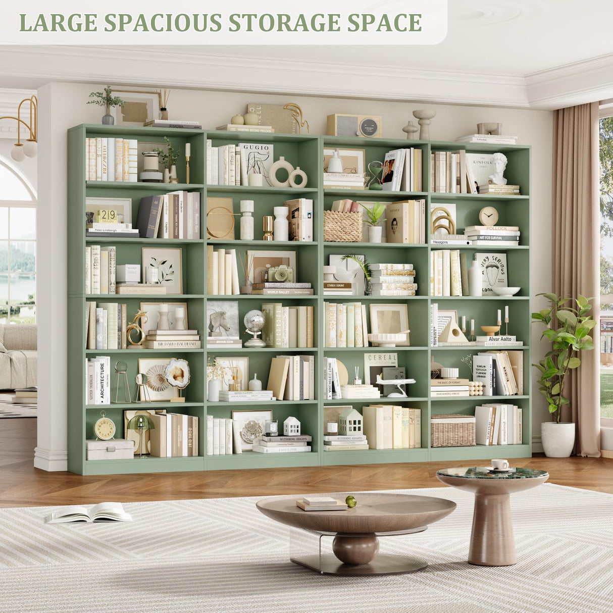 FACBOTALL Bookshelf and Bookcase, 6-Tier Double Wide Bookshelves, Freestanding Display Storage Shelves, Tall Bookcases for Home Decor Bedroom, Living Room, Home Office, Green FACBOTALL