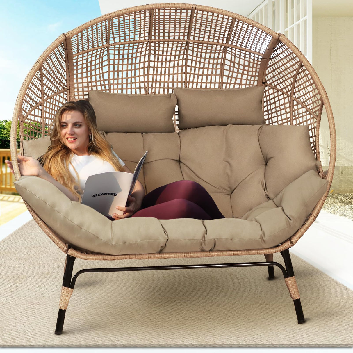BULEXYARD Double Egg Chair Indoor Outdoor 680lbs, 2 Person Brown Wicker Oversized Stationary Egg Chair with Brown Thick Cushion, Patio Wide Lounge Loveseat with Legs for Balcony, Porch BULEXYARD