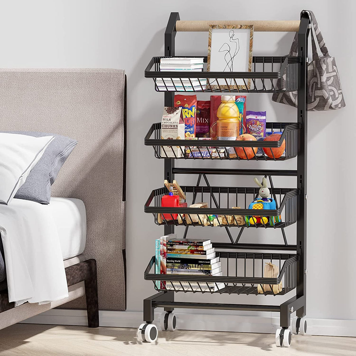 COVAODQ Snack Cart with Wheels 4-Tier Adjustable Fruit Rack Fruit Vegetable Basket Cart Metal Wire Storage Cart Rolling Pantry Utility Kitchen Cart COVAODQ