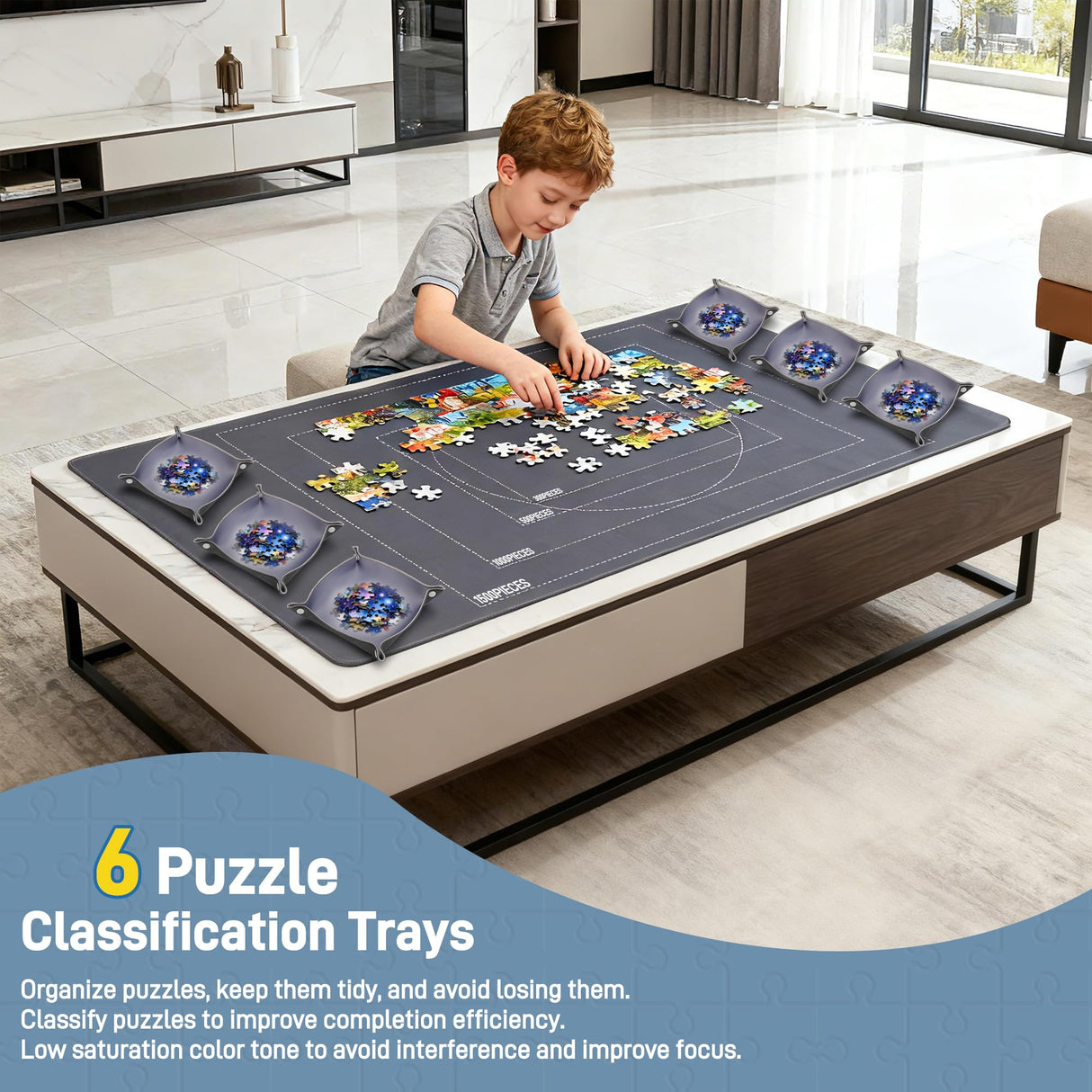 Bullro Jigsaw Puzzle Mat Roll Up 46" x 26", Roll Up Puzzle Mat Up to 1500 Pieces Puzzles with 6 Sorting Trays and Travel Storage Bag, Puzzle Mat with Non-Slip Rubber Bottom & Smooth Top