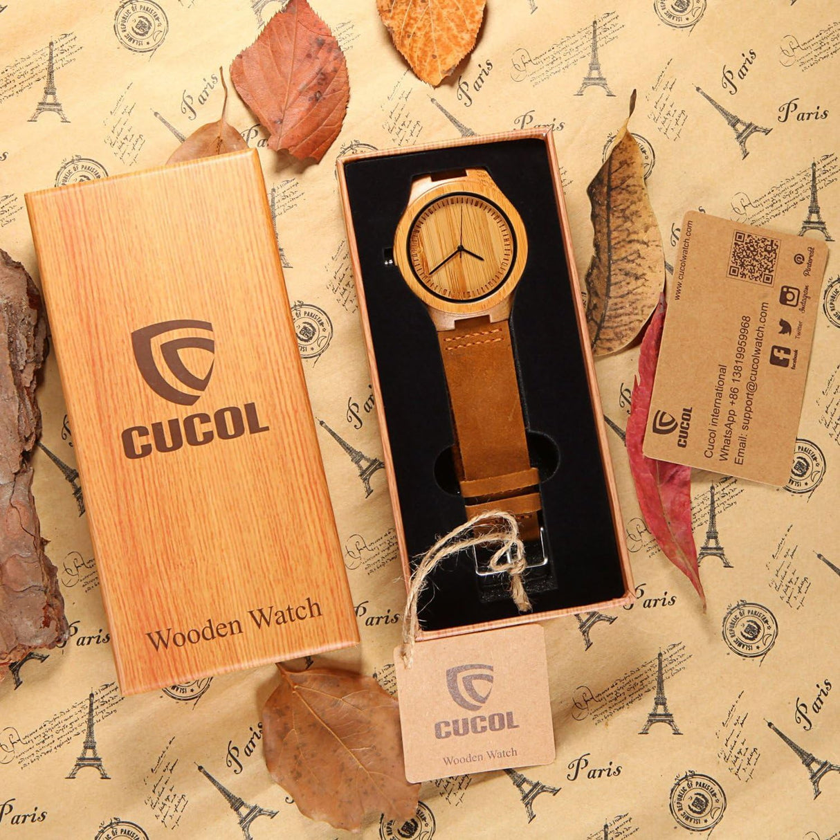 CUCOL Men's Bamboo Wooden Watch with Brown Cowhide Leather Strap Japanese Quartz Movement Casual Watches CUCOL