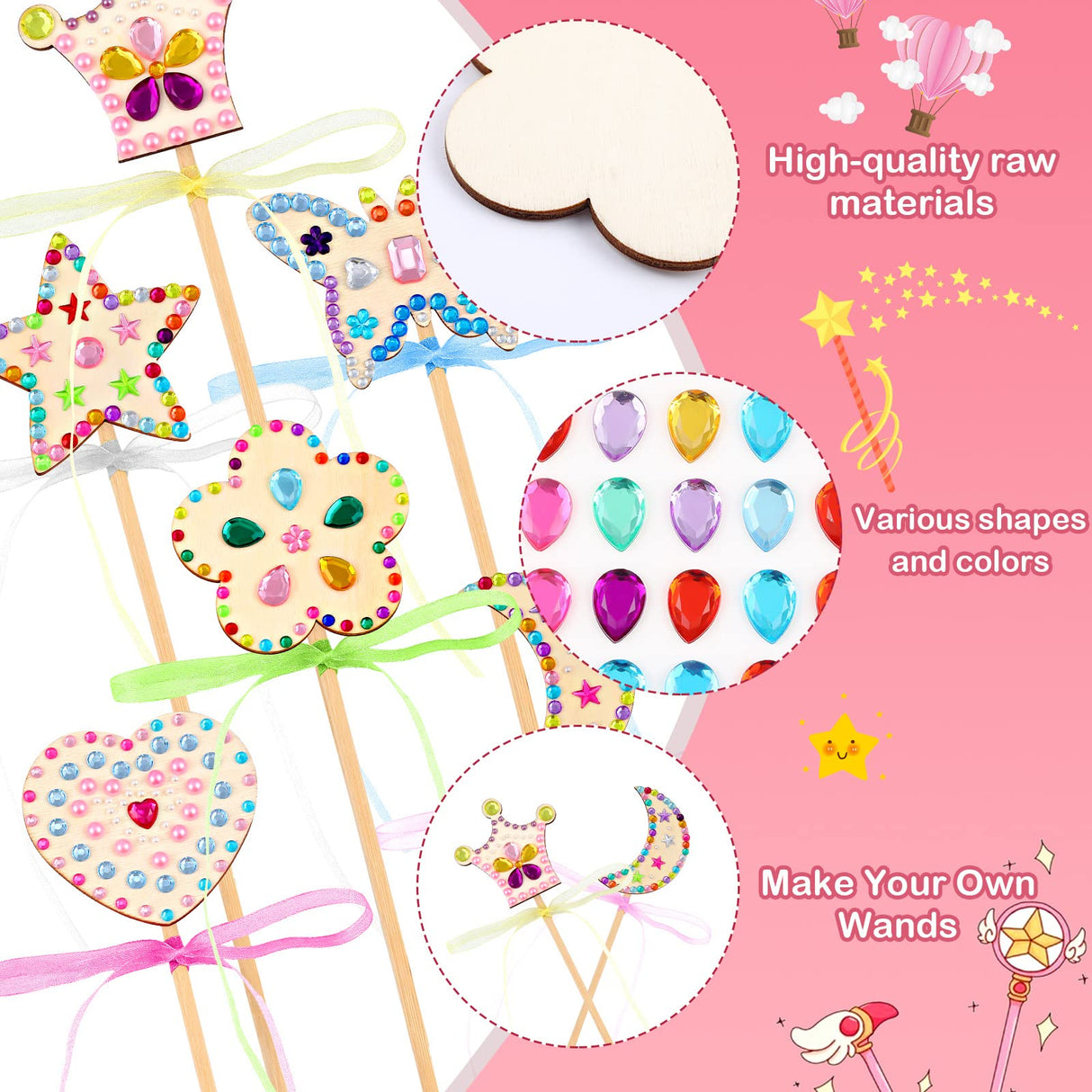 Chinco 55 Piece Princess Wands Kit Include Wooden Wands for Crafts, Gem Stickers, Ribbons, Foam Princess Tiaras and Wooden Crowns DIY Heart Butterfly Moon Wand Make Your Own Princess Wand for Kid Girl Chinco