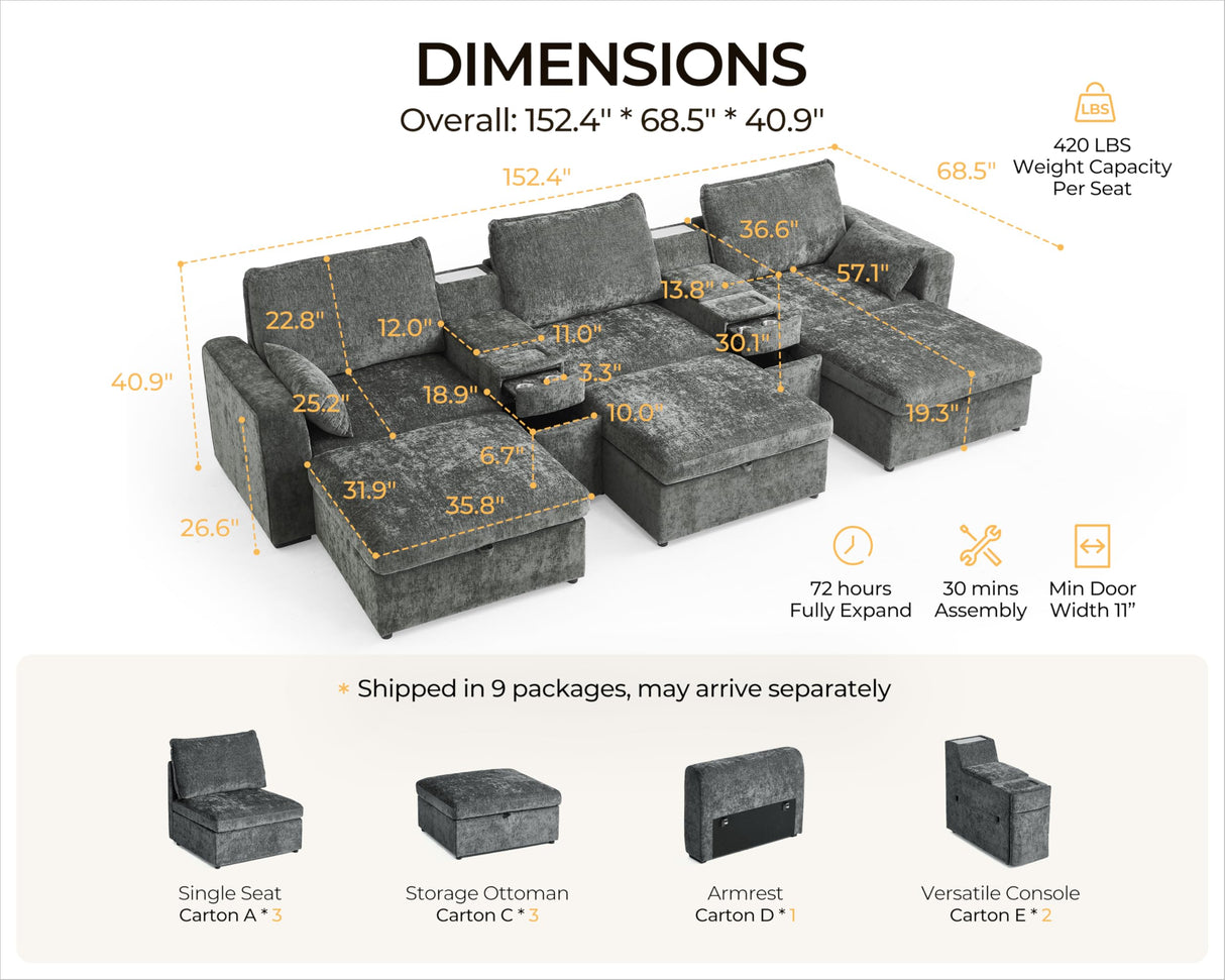 Bedeep Oversized Modular Home Theater Sofa Bed Cloud Couch Sectional, Plush Sleeper Sofa with Versatile Console, Convertible Side Table Charging Storage Cup Holder, Hardware Connected, Chenille, Grey Bedeep