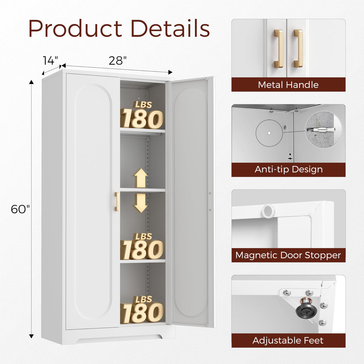 Kubohogar White Pantry Cabinet with Doors, 60" Tall Metal Pantry Cabinet with 3 Adjustable Shelves and Gold Handles, Kitchen Cupboard for Kitchen, Dining Room, Office Kubohogar