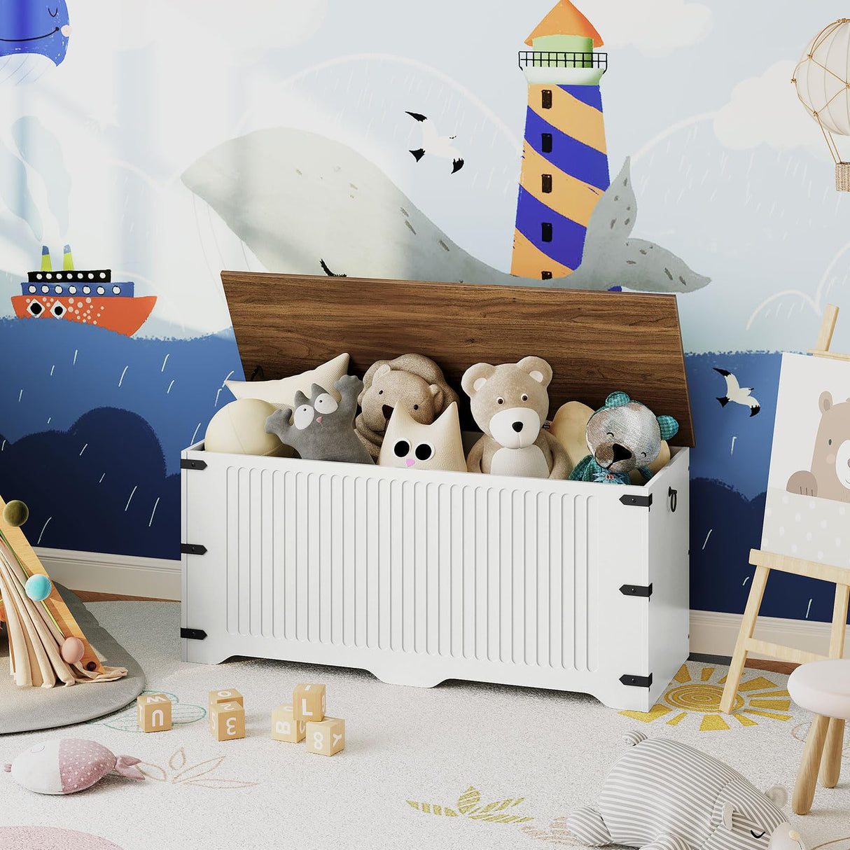 HOOBRO Storage Bench, Toy Box Organizer, Toy Chest with Safety Hinge, Farmhouse Style Storage Chest, 39.3 x 15.7 x 17.7 Inches for Living Room, Bedroom, Entryway, White and Walnut WH26CW01 HOOBRO