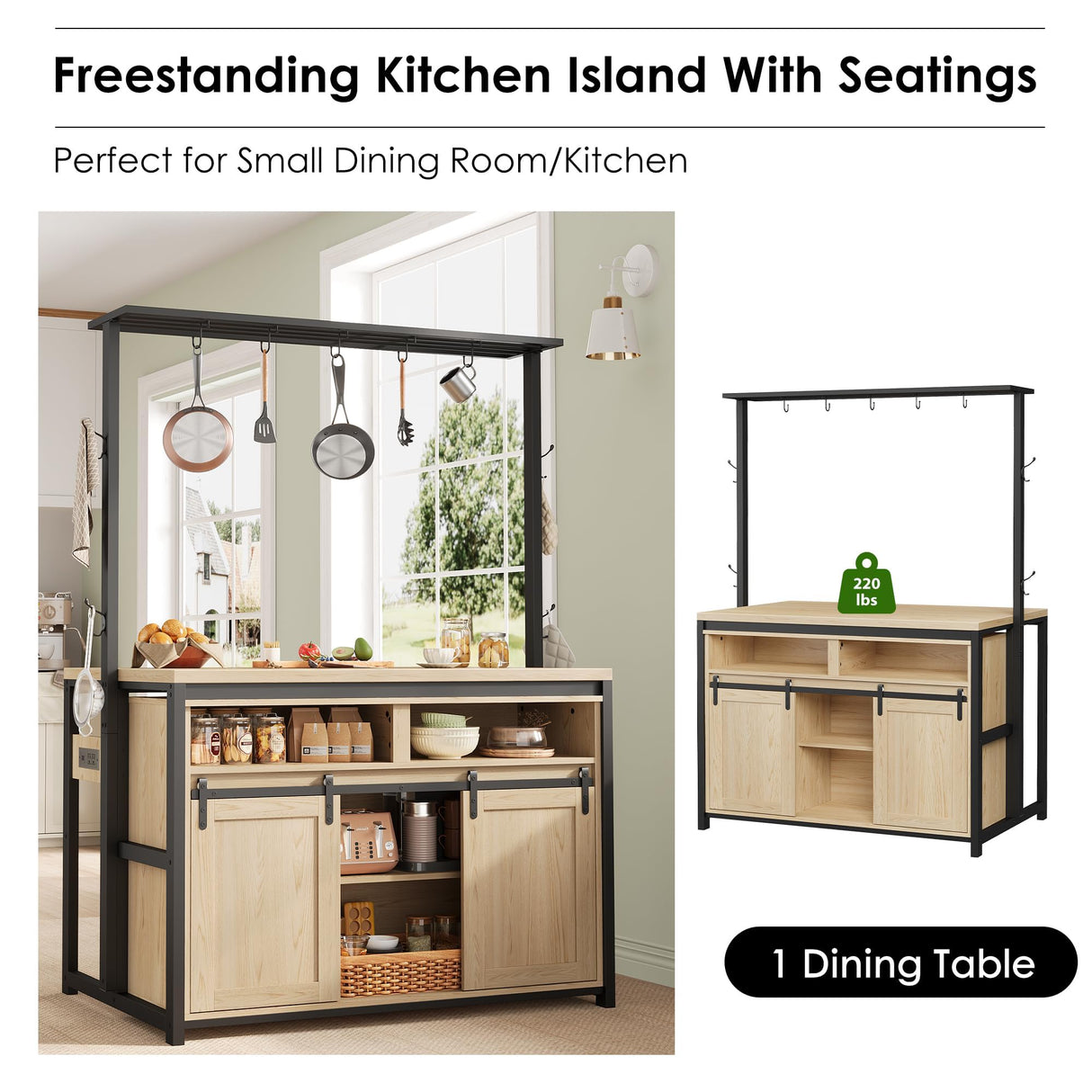 Kitchen Island with Power Outlet, Bakers Rack with Sliding Barn Door 42'' Large Kitchen Island Table with 3-Tier Microwave Stand Oven Shelves Coffee Bar Table Set for Kitchen Dining Room, 10 Hooks DrawVibe
