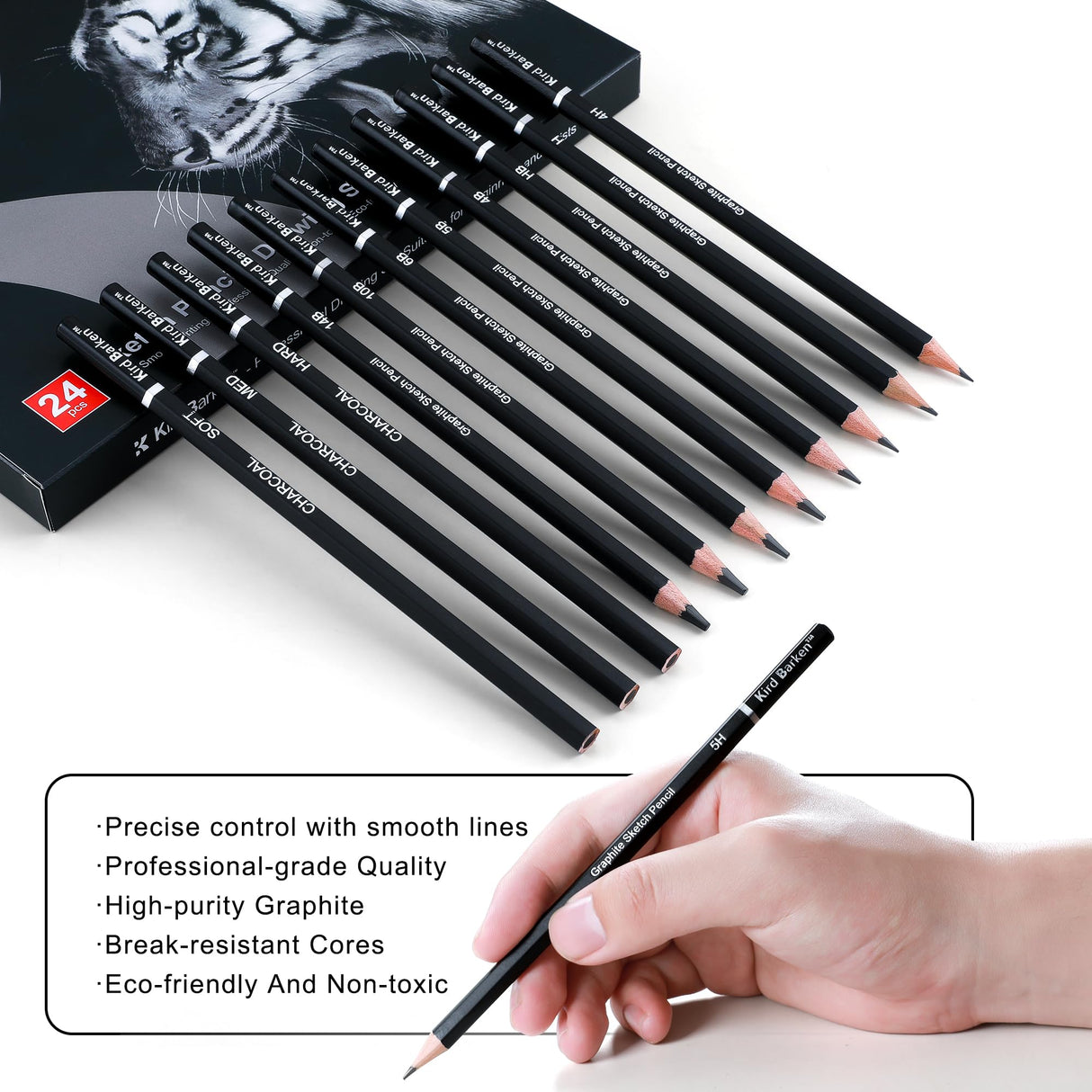 Kird Barken 24PCS Professional Sketch Pencil Set – 5H to 14B Pencils, Charcoal Pencils, Art Supplies Kit with Erasers, Sharpener, Knife – Ideal Gift for Artists, Students, Kids, Beginners Kird Barken