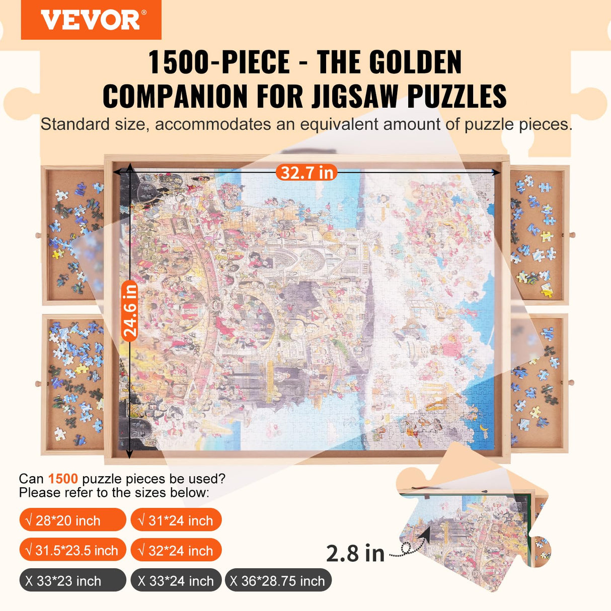 VEVOR 1500 Piece Puzzle Table with Folding Legs, 4 Drawers and Cover, 32.7"x24.6" Wooden Jigsaw Puzzle Plateau, Puzzle Accessories Board for Adults, Puzzle Organizer Storage System, Gift for Mom VEVOR