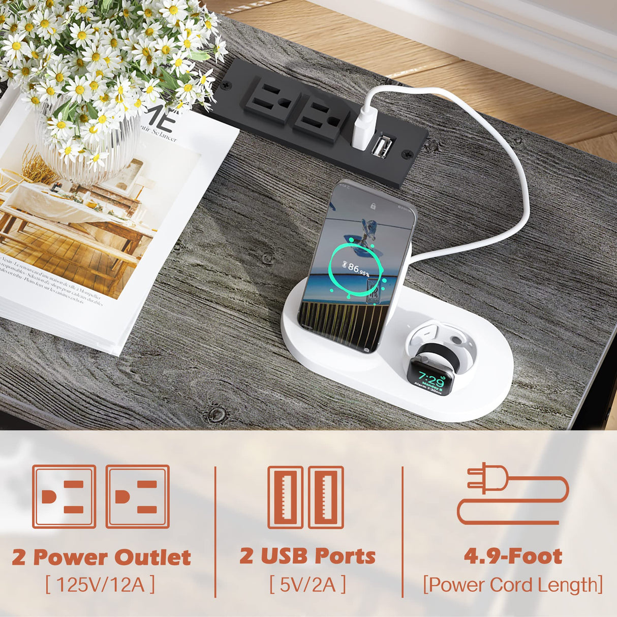 SUPERJARE Nightstand Set of 2, Bed Side Tables with Charging Station, Adjustable Fabric Drawer, Night Stand for Bedroom, 3-Tier Storage End Tables, for Living Room - Charcoal Gray SUPERJARE