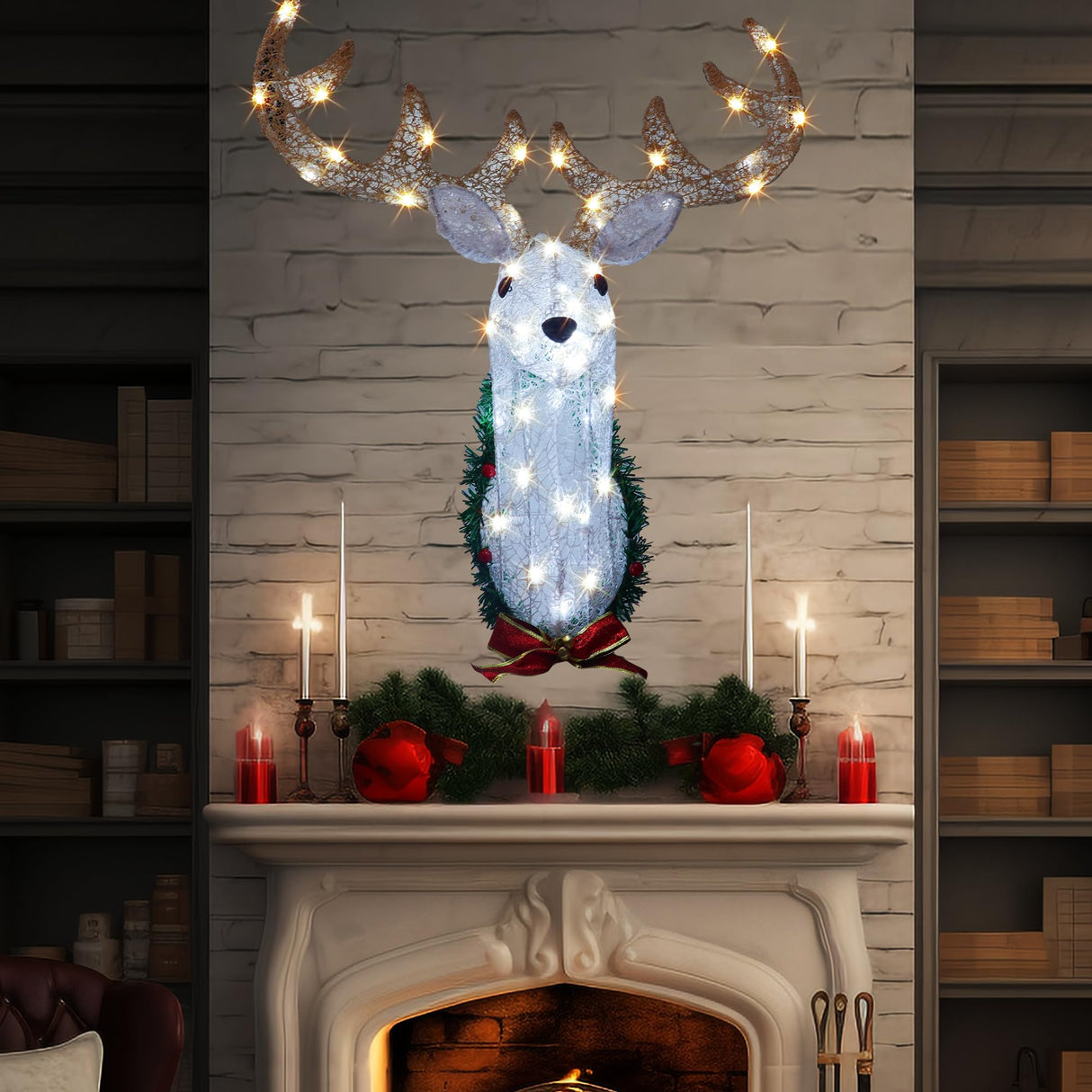 Hourleey Lighted Christmas Wall Decoration Reindeer Head, 32" 3D Battery Operated Rudolph Hanging Wreath with 8 Modes, Light Up Christmas Decor for Outdoor Indoor Front Door Window Xmas Hourleey
