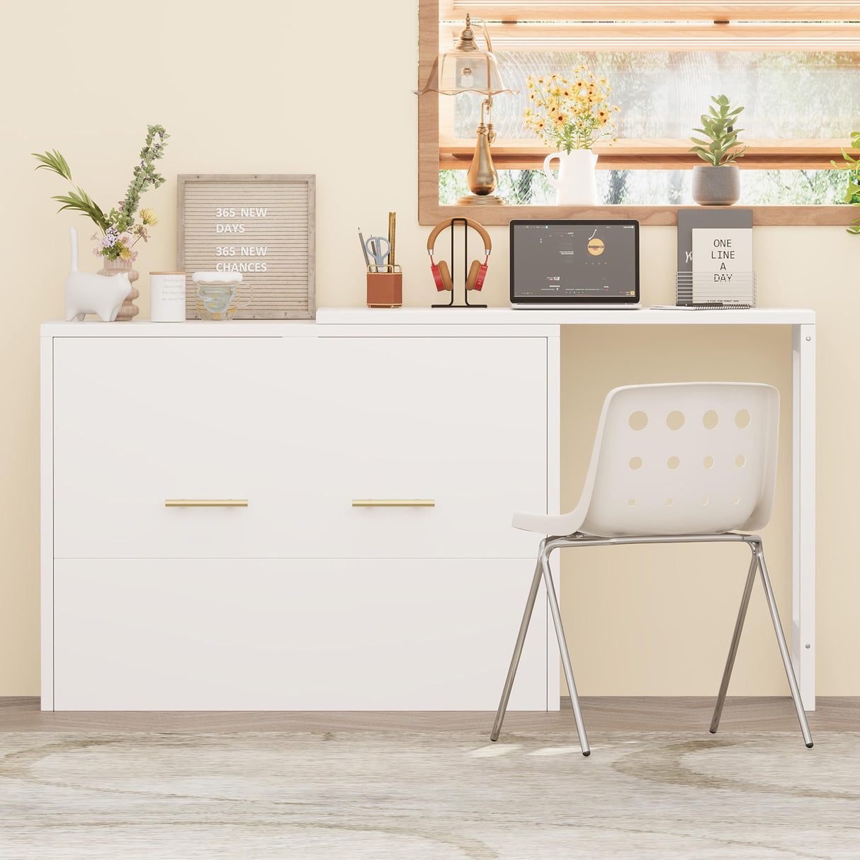 RUNNA Twin Size Murphy Cabinet Bed with Adjustable Position Desk, Murphy Chest Dresser Bed with Foldable Cushion for Guest Room,Small Space (White_03) RUNNA