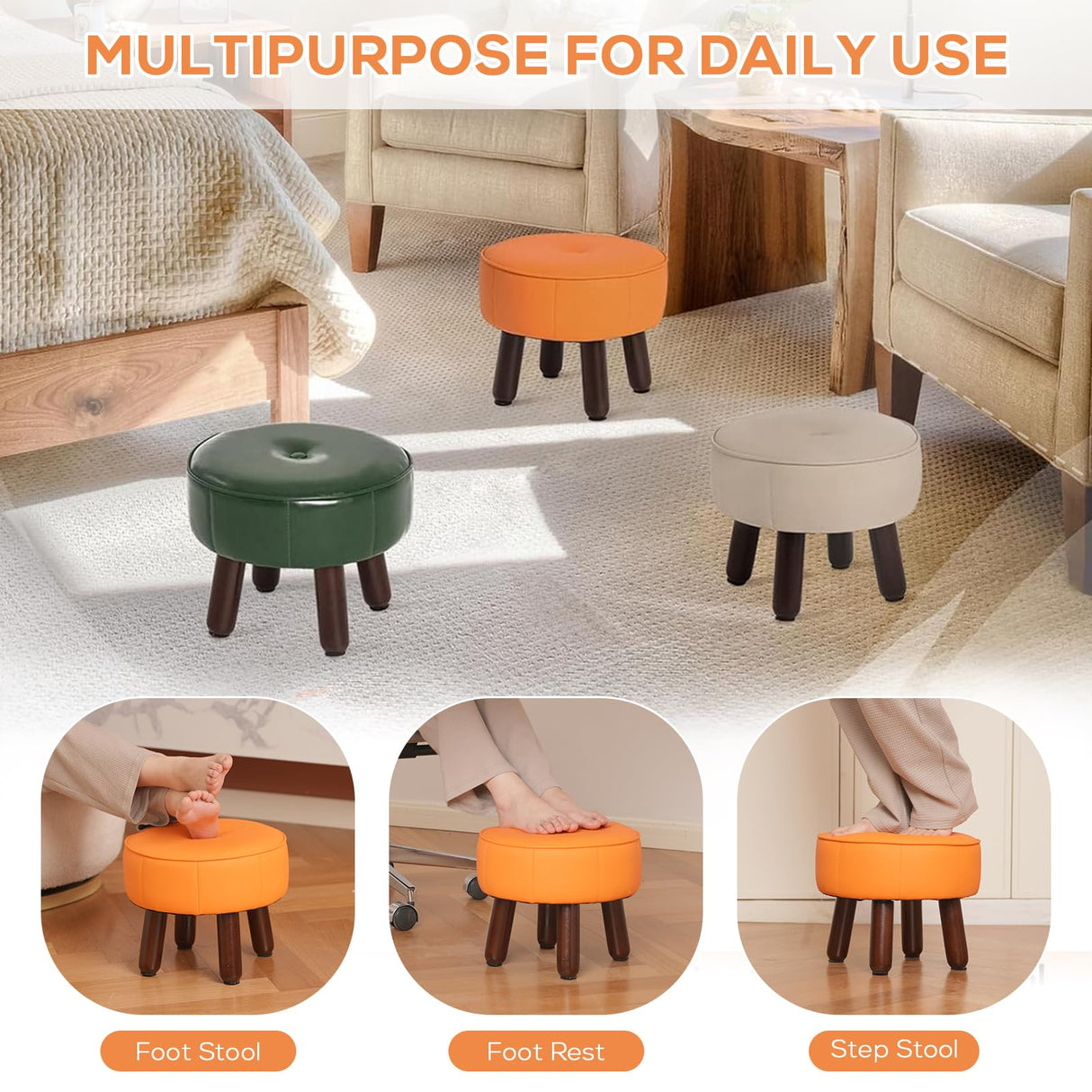 oakvivo 13in Small Foot Stool Ottoman, Round Faux Leather Foot Rest for Couch, Under Desk Pouf Footstool Footrest with Non-Skid Rubber Legs for Ling Room, Bedroom, 13''L x 13''W x 10.2''H, Orange oakvivo